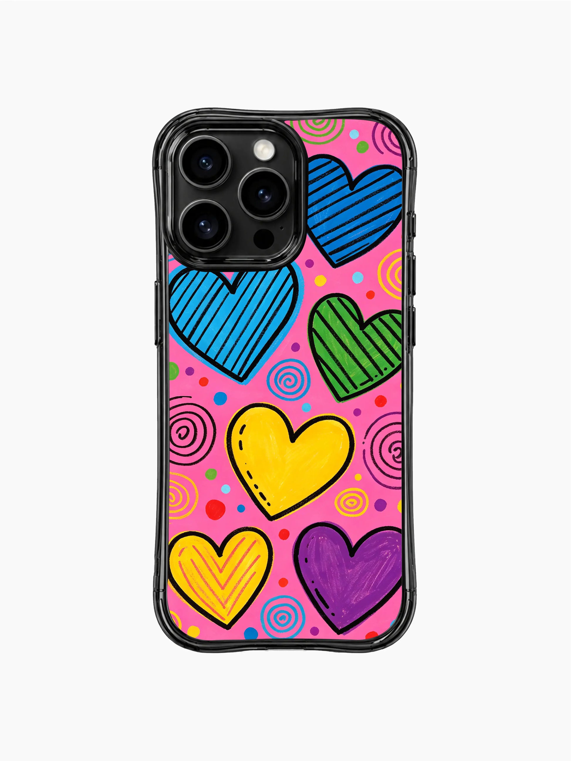PhoneCasing iPhone 13 Pro Max casing filled with colorful dot confetti and spiral swirls around striped doodle hearts, energetic crush vibe phone case.