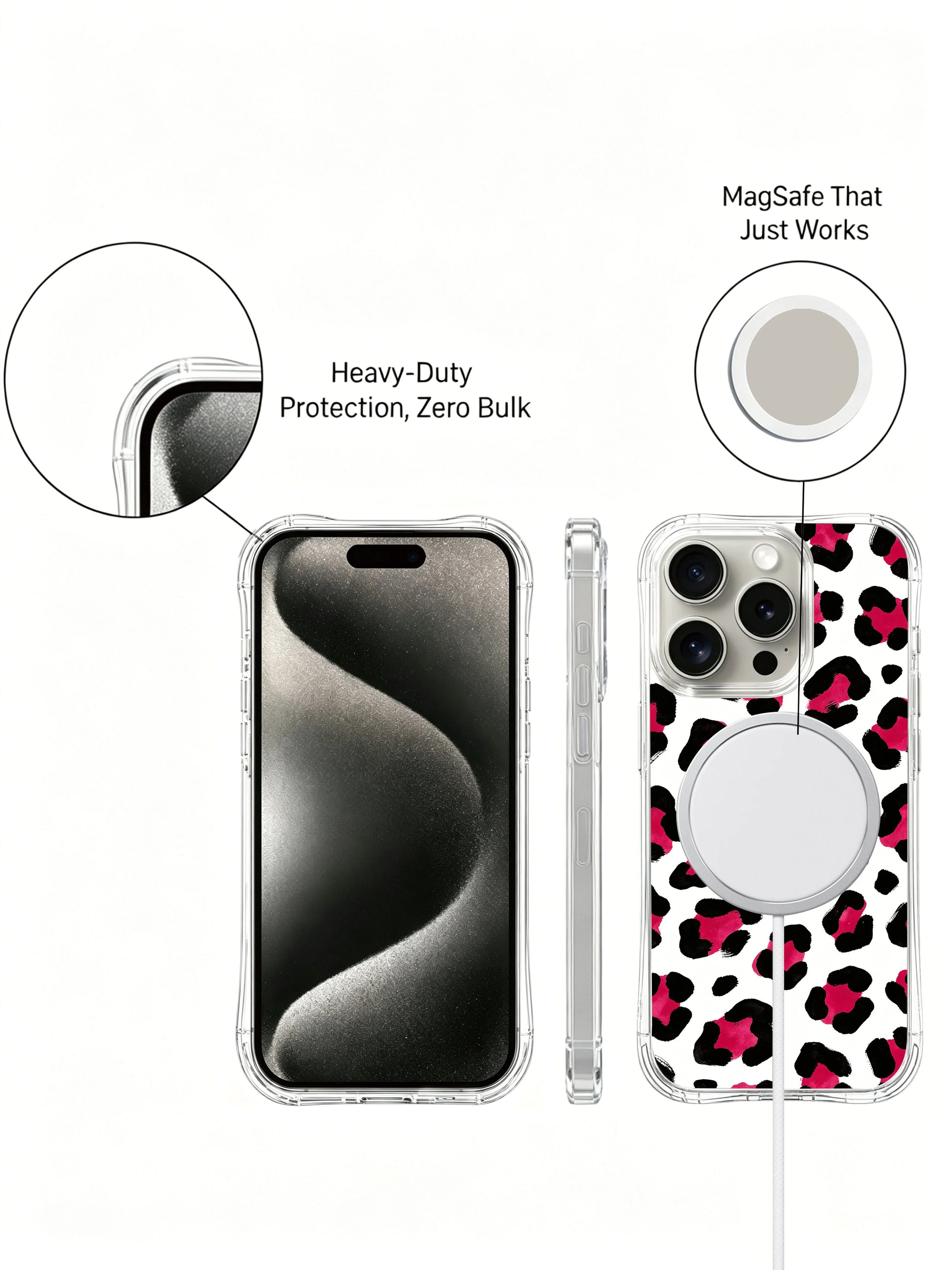 Bold unreserved Berry Wild white leopard iPhone 14 Pro Case by PhoneCasing, pure crisp white base paired with vivid juicy pink cheetah rosettes, limited edition wearable art casing for casual & street fashion outfits