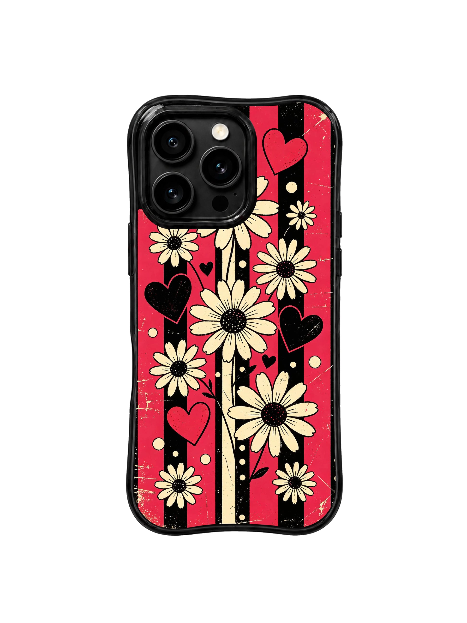 PhoneCasing iPhone 16 pro Case blending gentle sweet heart dot softness and cool dark retro grunge vertical stripe edge via rhythm daisy heart motifs, Ruby Daze Black Cherry Daisy Beat wavy design for daily retro punk casual wear.