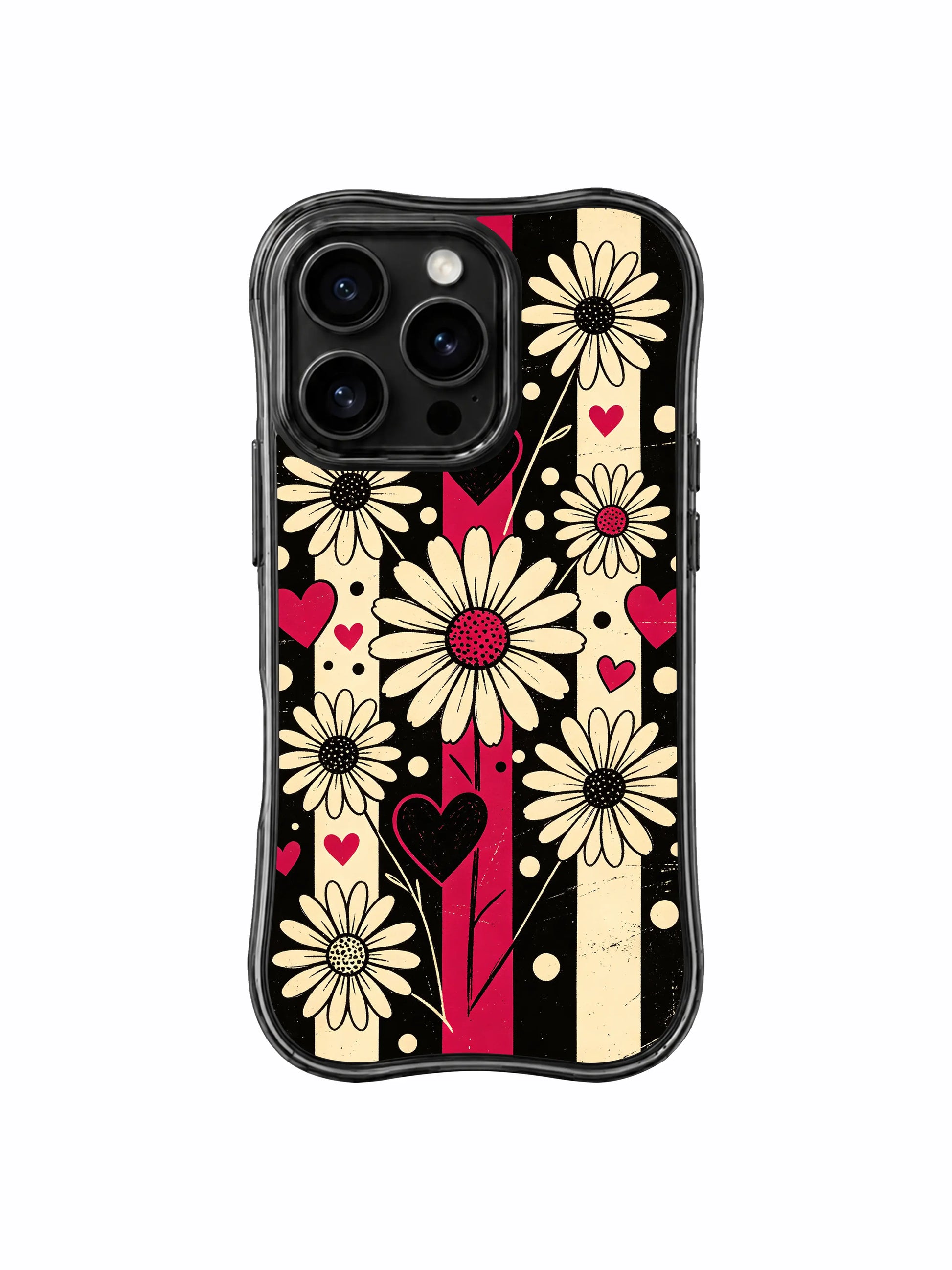 PhoneCasing iPhone 16 pro Case blending gentle sweet heart dot softness and cool dark retro grunge vertical stripe edge via rhythm daisy heart motifs, Ruby Daze Black Cherry Daisy Beat wavy design for daily retro punk casual wear.