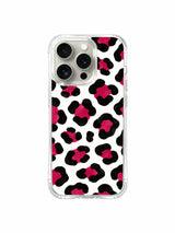 Contemporary punchy white tonal wild leopard print iPhone 14 Pro Case from PhoneCasing Wild Heart Safari collection, pure bright white negative space balances textured hand-drawn black brush rosettes and vivid berry pink centers