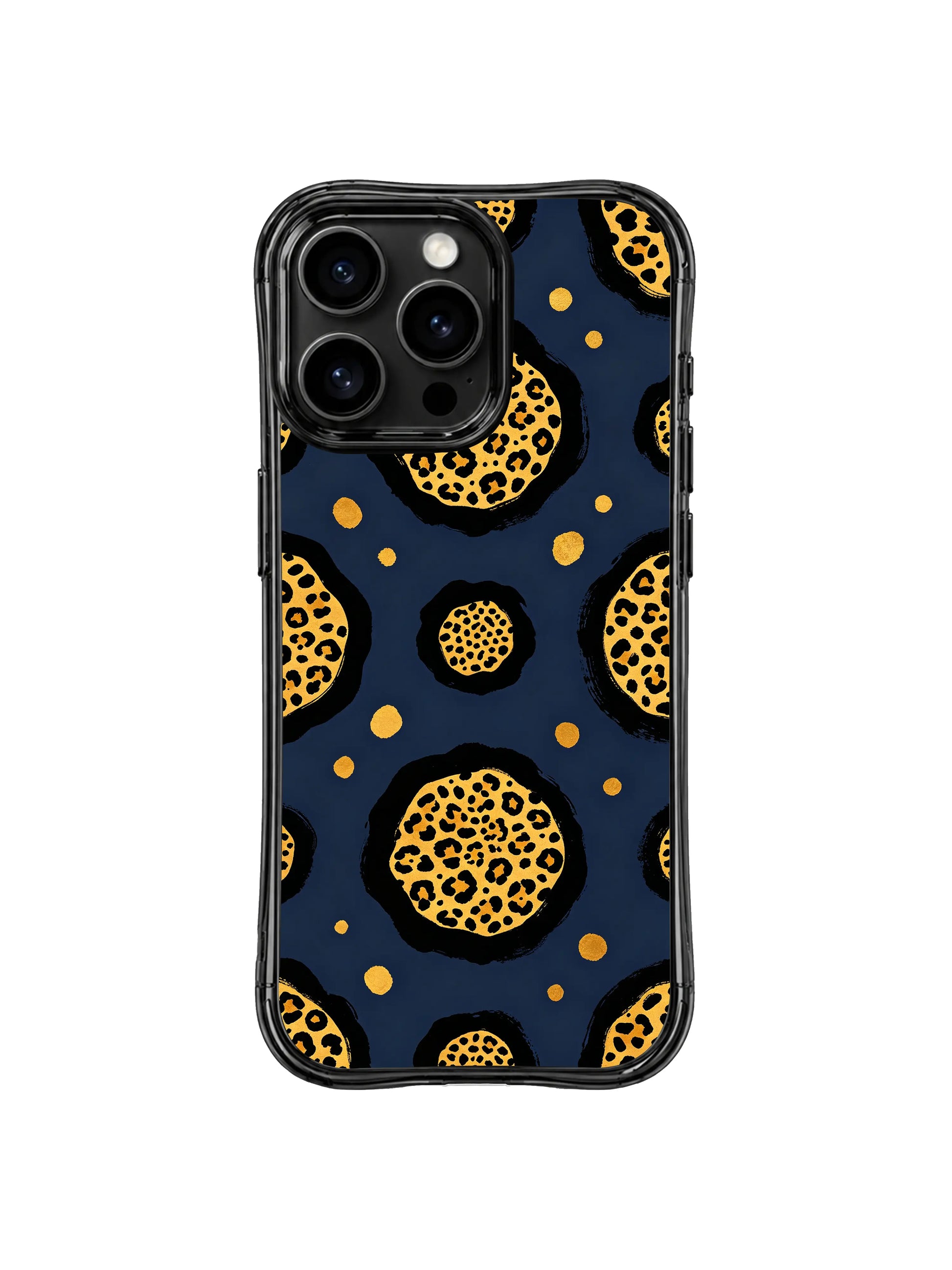 Contemporary calm navy tonal wild leopard print iPhone 14 Pro Case from PhoneCasing Wild Heart Safari collection, deep midnight negative space balances textured hand-drawn black brush rosettes and glowing gold centers