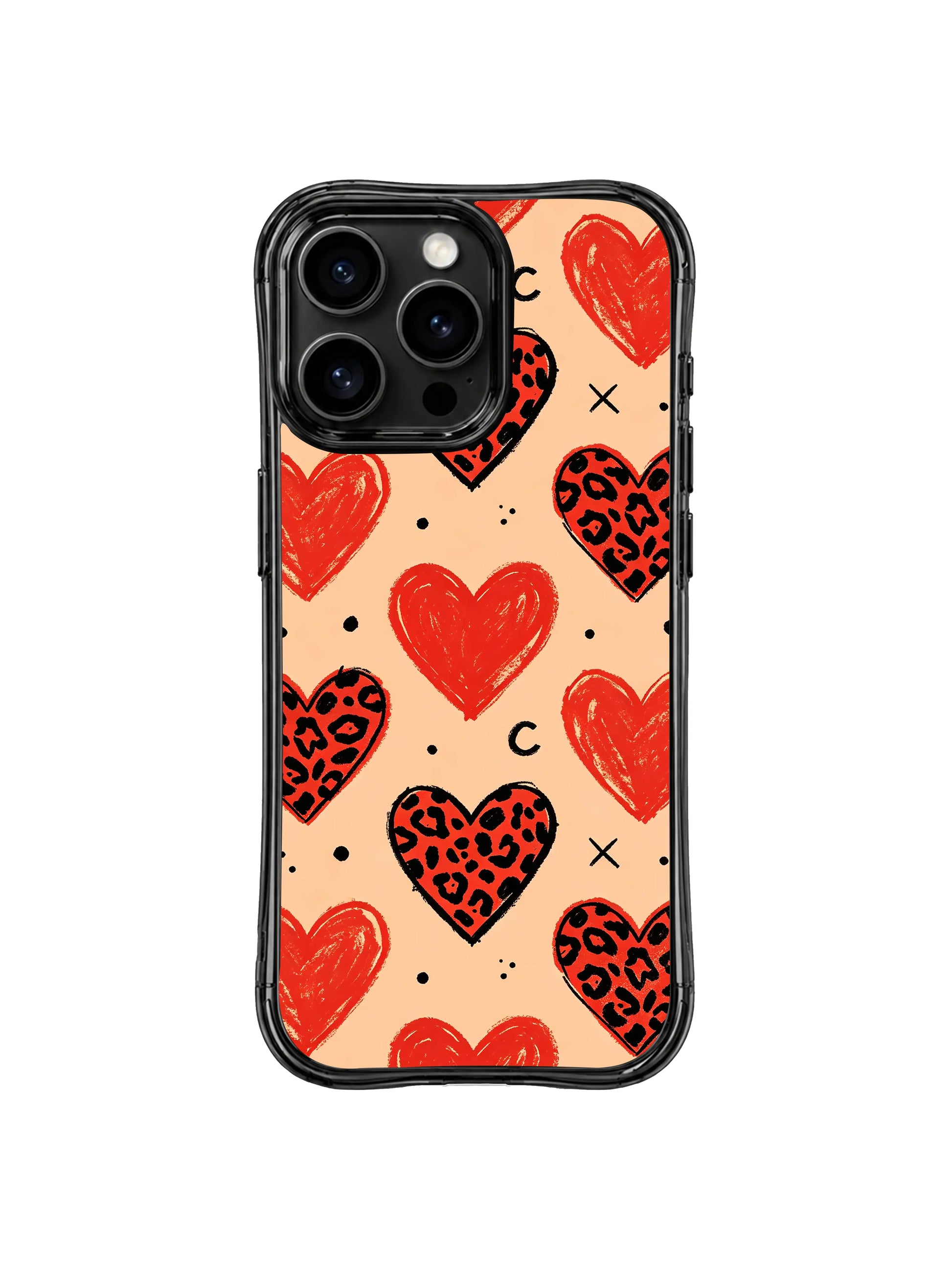 Contemporary pop art pattern Peach Heart Wasteland iPhone 14 Pro Case from PhoneCasing, Roxy Wildhart signature sketch style merging romantic hearts and wild leopard rosettes
