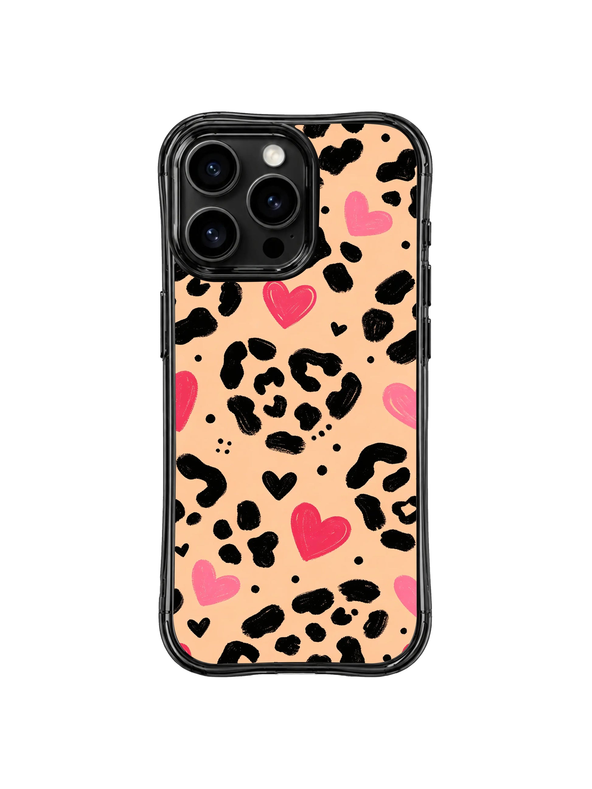 Contemporary warm peach dual motif wild animal & heart print iPhone 14 Pro Case from PhoneCasing Wild Heart Safari collection, soft peach negative space balances bold black spots and bright hand-drawn heartsContemporary warm peach dual motif wild animal & heart print iPhone 14 Pro Case from PhoneCasing Wild Heart Safari collection, soft peach negative space balances bold black spots and bright hand-drawn hearts