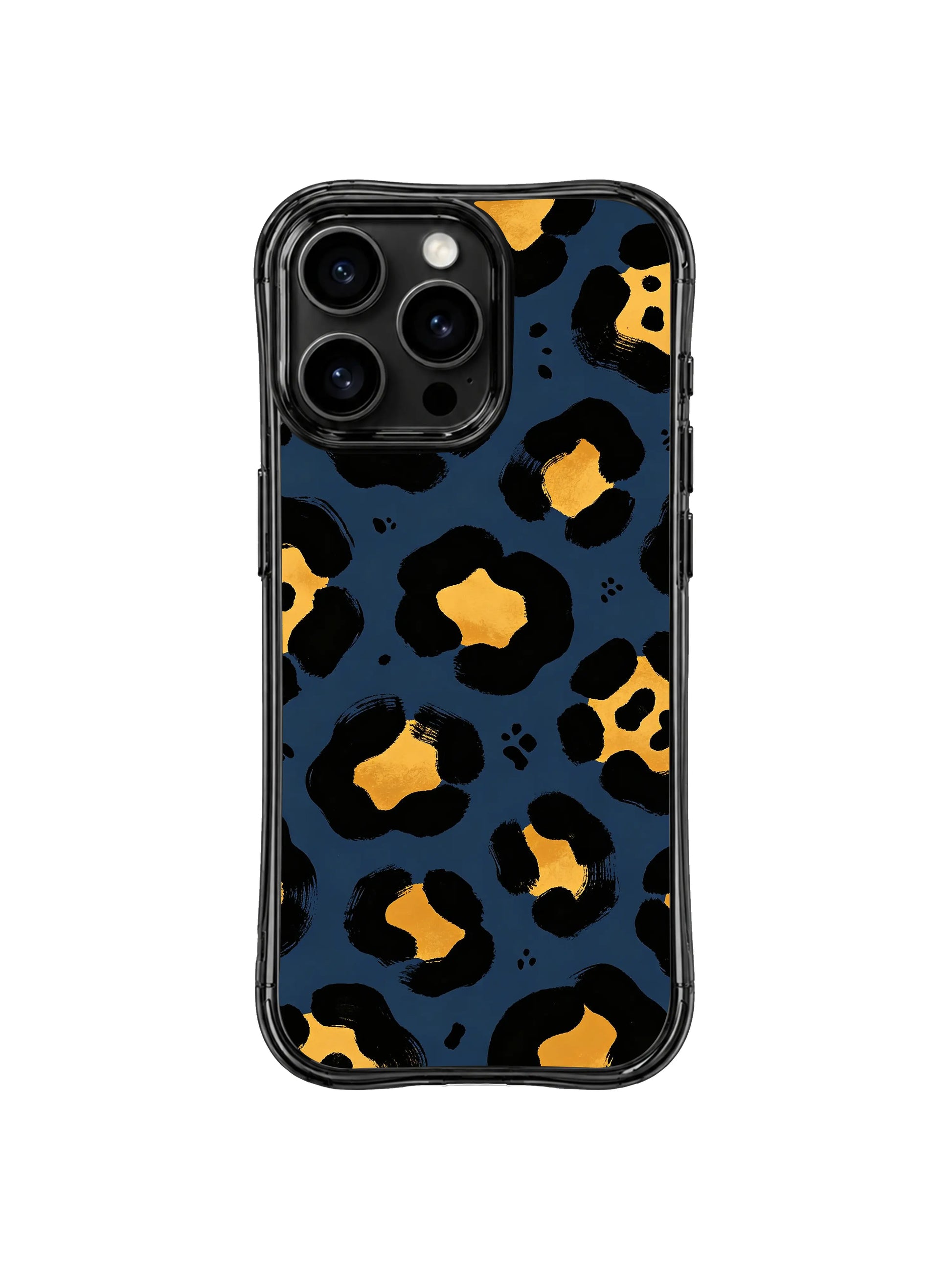 Contemporary wild animal print navy gold iPhone 14 Pro Case from PhoneCasing Wild Heart Safari designer series, raw unpolished brushstroke leopard spots on rich midnight blue backdrop