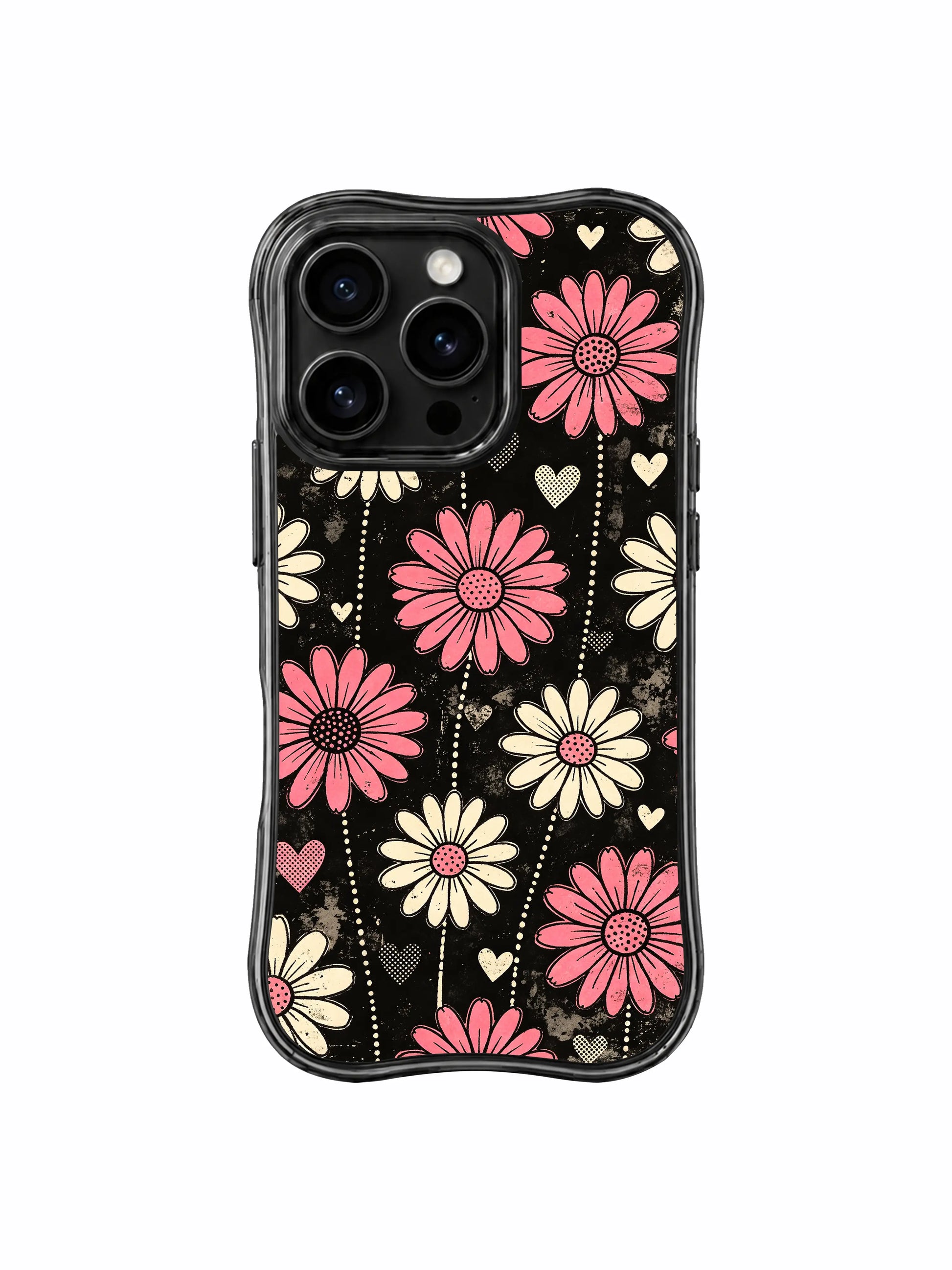 PhoneCasing iPhone 16 pro Case with edgy grunge black base and vertical blooming pink daisy heart motifs, Ruby Daze Pink Static Garden wavy design for daily stylish streetwear wear.