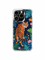 Cool indigo starry midnight background wild roaming tiger iPhone 13 pro Case from PhoneCasing, flexible see-through iPhone 13 pro casing with lush layered rainforest foliage, mysterious wilderness decorative phone cover.