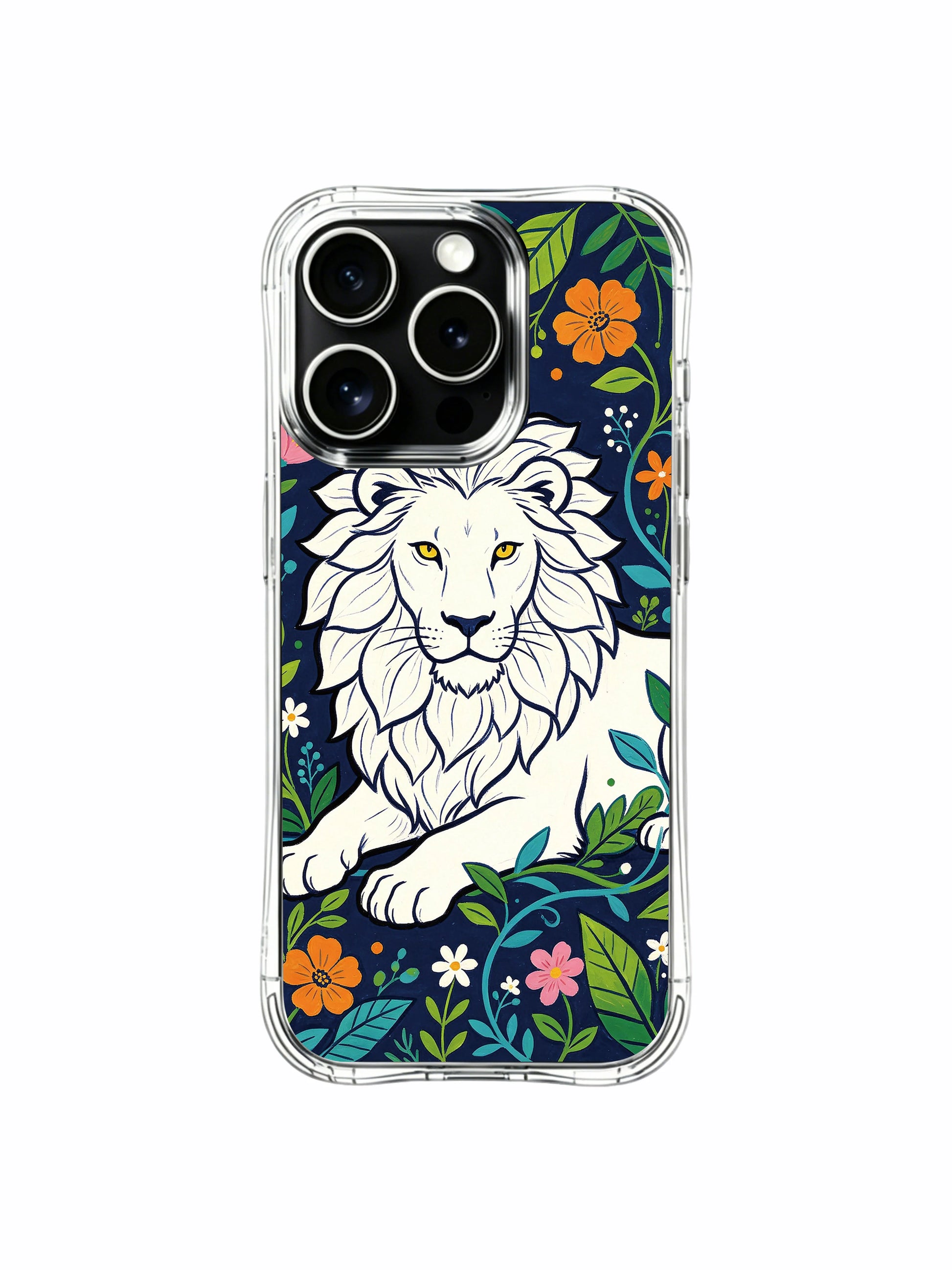 Cool dark navy night garden background serene resting white lion surrounded by multicolored blooms iPhone 13 pro Case from PhoneCasing, flexible see-through iPhone 13 pro casing with lush layered rainforest foliage, mysterious gentle king decorative phone cover.