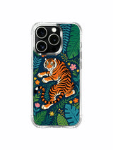 Cool dark navy night-jungle background vigilant orange striped guardian encircled by full-bloom tropical flora and monstera fronds iPhone 13 pro Case from PhoneCasing, flexible see-through iPhone 13 pro casing with layered oversized garden leaves, mysterious wild-free-spirit animal decorative phone cover.