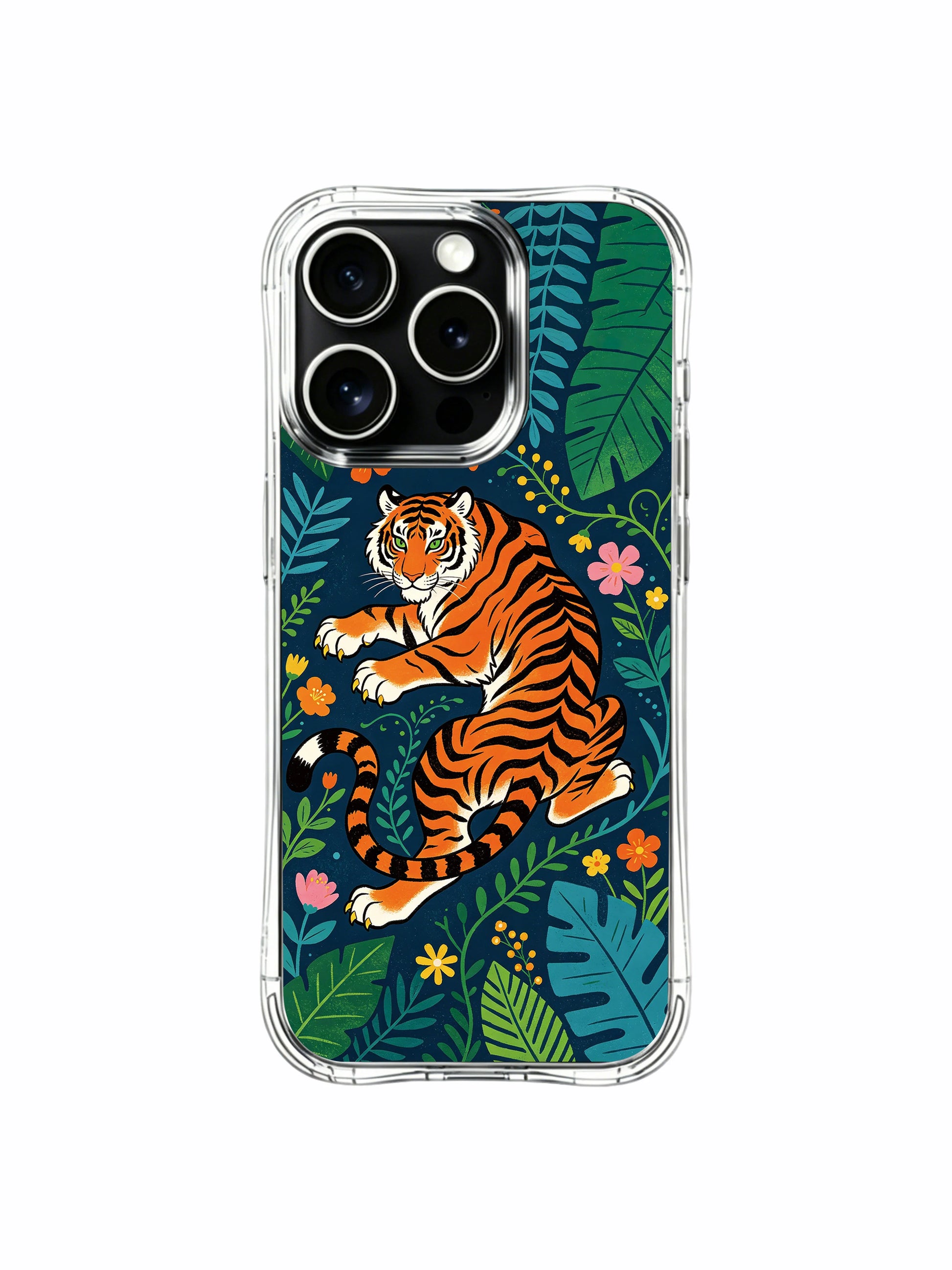 Cool dark navy night-jungle background vigilant orange striped guardian encircled by full-bloom tropical flora and monstera fronds iPhone 13 pro Case from PhoneCasing, flexible see-through iPhone 13 pro casing with layered oversized garden leaves, mysterious wild-free-spirit animal decorative phone cover.
