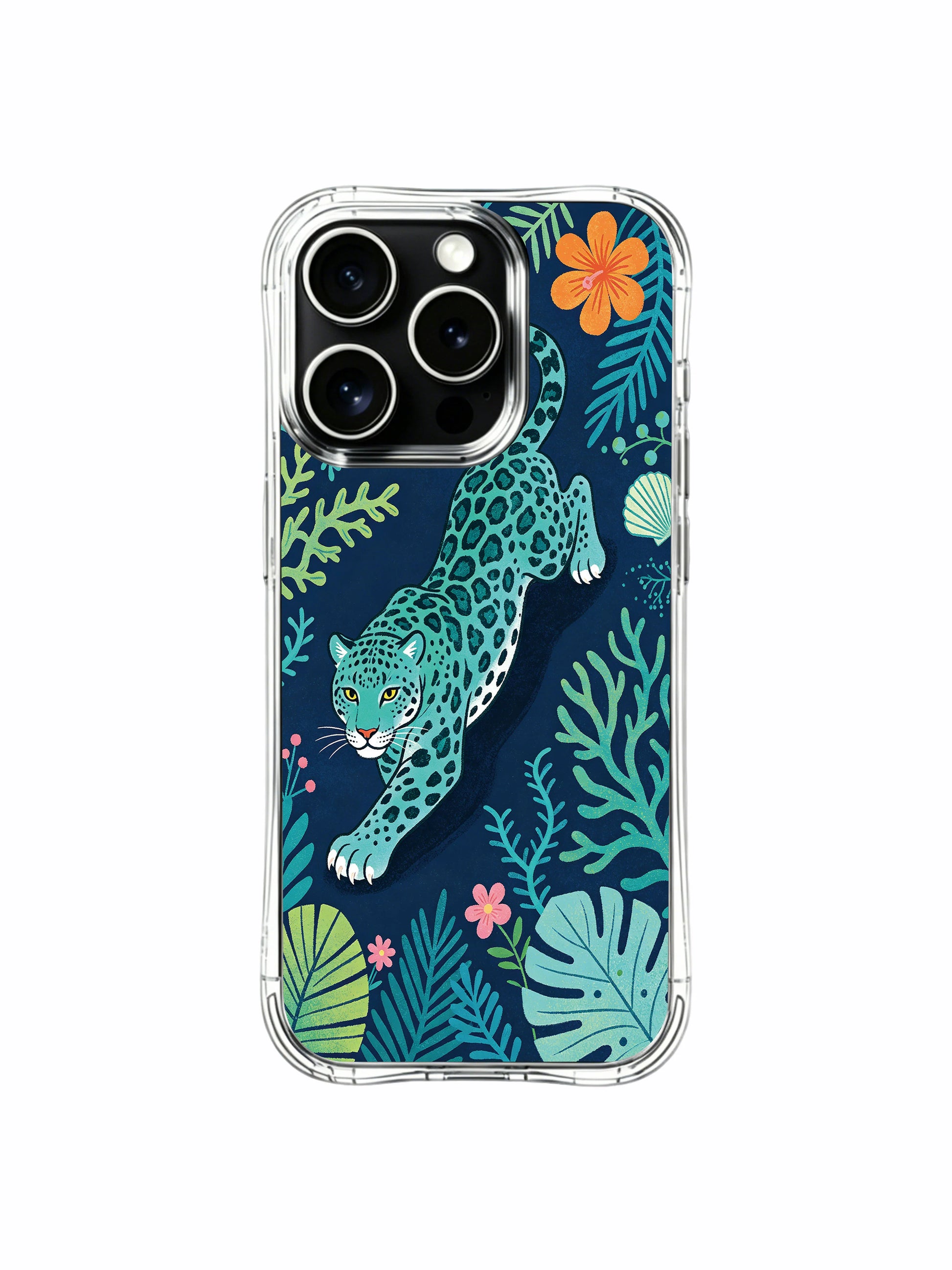 Cool dark navy night-sea background fluid prowling cyan jaguar surrounded by coral orange blooms amid seaweed canopy iPhone 13 pro Case from PhoneCasing, flexible see-through iPhone 13 pro casing with layered oversized ocean leaves, mysterious free-spirit wild animal decorative phone cover.
