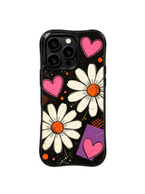 PhoneCasing iPhone 16 pro Case with edgy black base and soft daisy heart motifs, Ruby Daze Midnight Daisy Pulse wavy design for daily stylish wear.