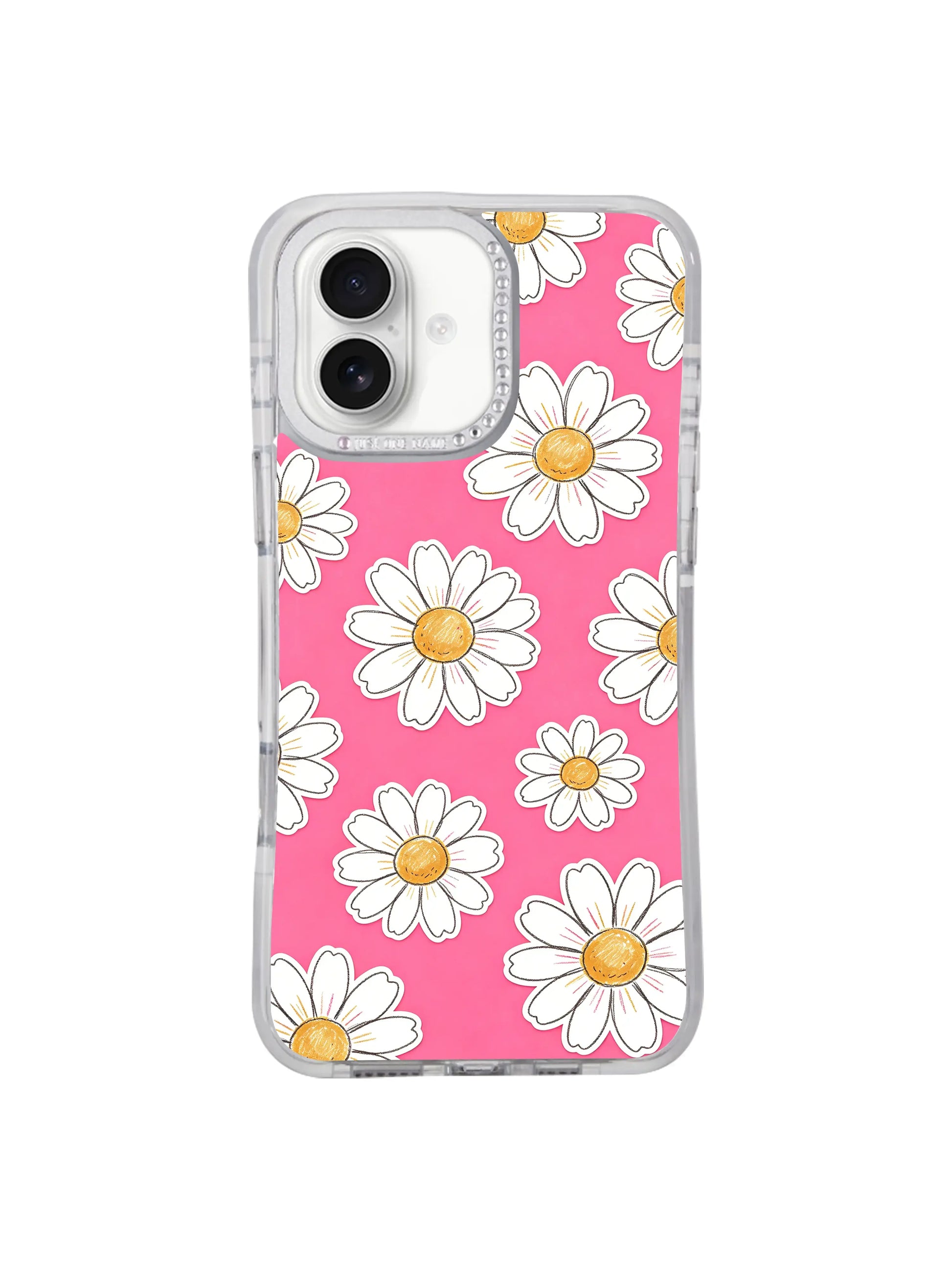PhoneCasing soft coquette iPhone 17 Pro casing from the Pink Joy Daisy Field artist collab, playful spaced daisy seamless print with warm textured gold centers, precision-fit premium casing manufactured local in California USA.