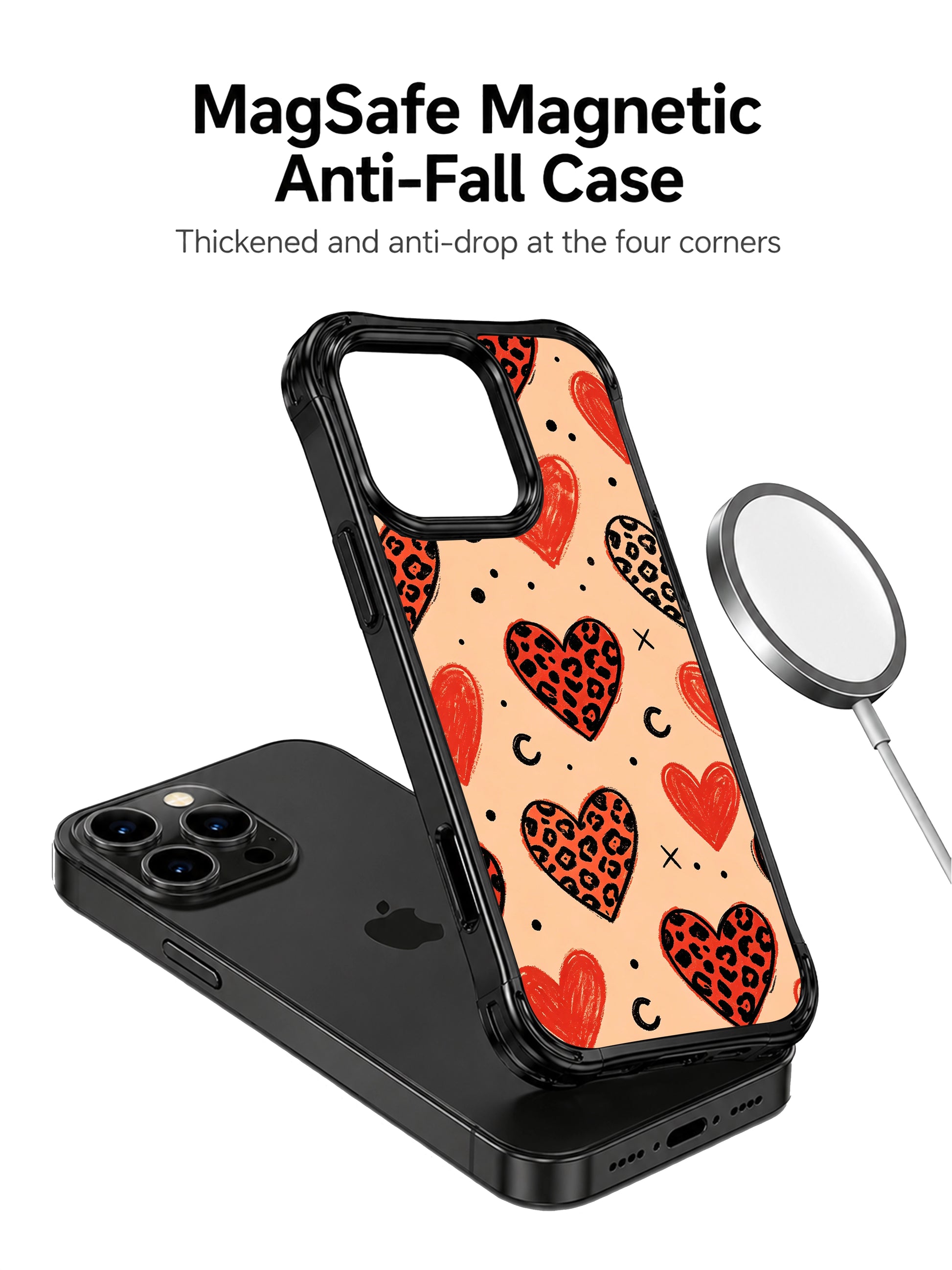Coquette leopard heart iPhone 14 Pro Case by PhoneCasing, playful hand-sketched heart and cheetah spot pattern, soft warm beige backdrop, premium artistic phone case for women’s daily style