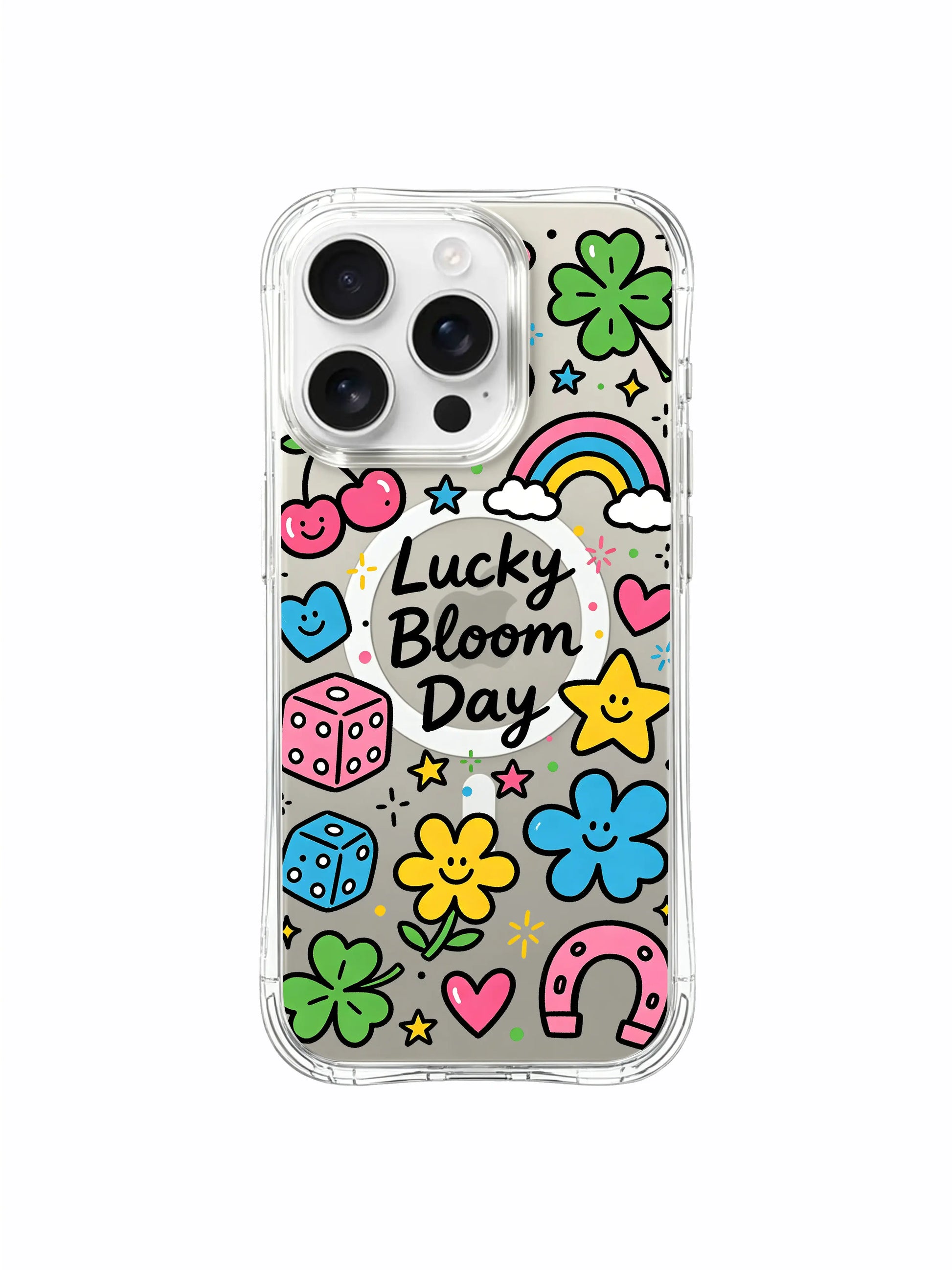 PhoneCasing iPhone 16 pro max clear case with coquette-style clover, heart and rainbow stickers, designed by Sunny Charm.