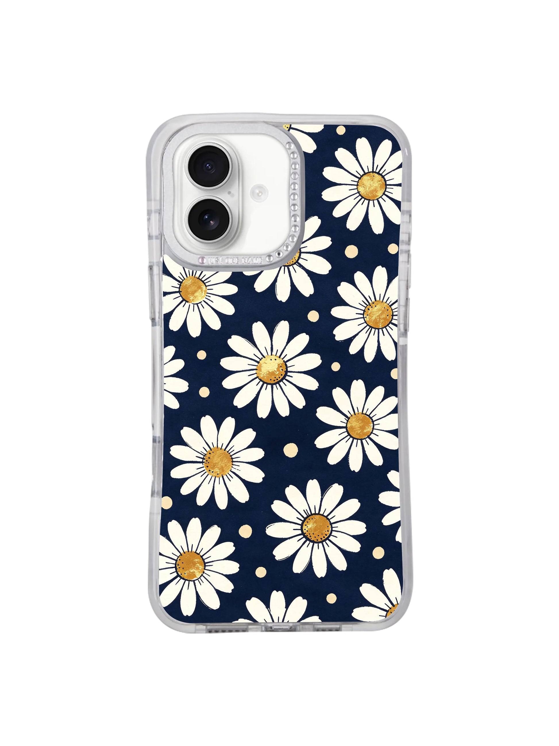 PhoneCasing gentle coquette night floral iPhone 17 casing compatible with iPhone 17, 17 Air, 17 Pro & Pro Max, Solea Meadow’s Midnight Daisy Drift with warm textured gold daisy centers and airy spaced layout.

