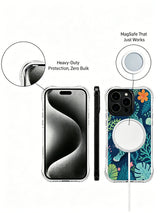 Blue big cat with orange coral-colored flowers artwork on an iPhone 13 Pro case