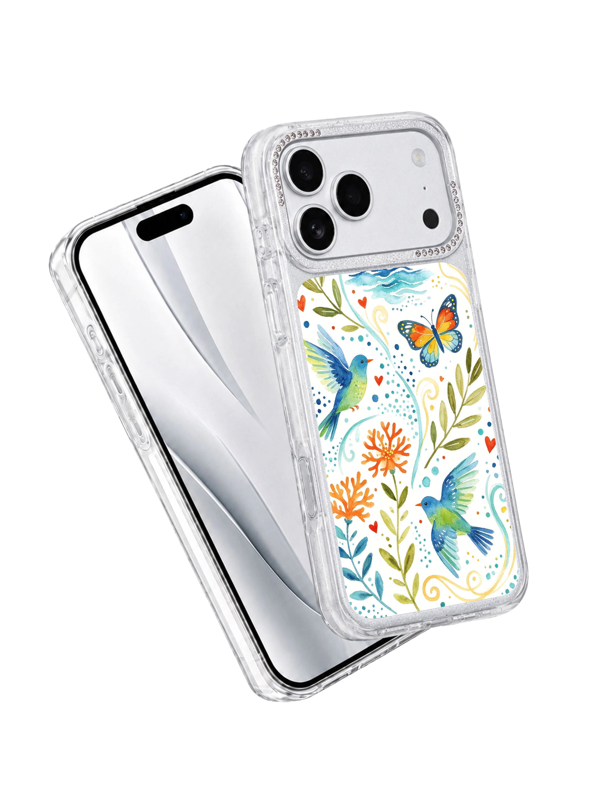 PhoneCasing raised scratch-proof lens guard iphone 17 pro Max case centered on orange coral foliage, layered ocean wave dots and fluttering butterflies blocking flat surface camera abrasion.
