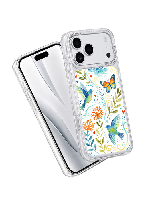 PhoneCasing raised scratch-proof lens guard iphone 17 pro Max case centered on orange coral foliage, layered ocean wave dots and fluttering butterflies blocking flat surface camera abrasion.