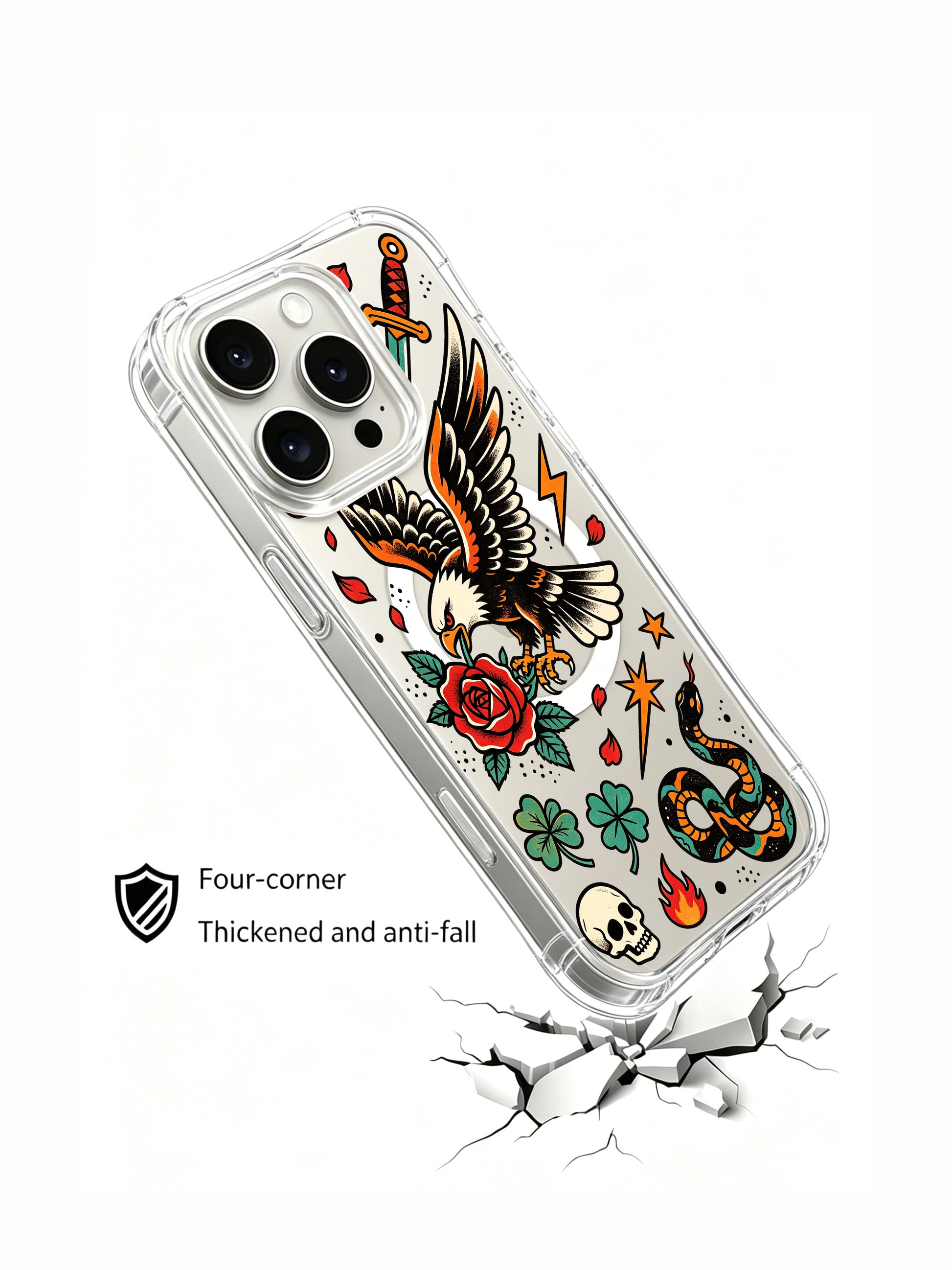 PhoneCasing iPhone 15 pro Case with single corner lightning design, flame-free asymmetrical layout, classic eagle rose snake tattoo print, sparse star accents, slim anti-yellowing iPhone 15 pro casing with complimentary free US domestic shipping.