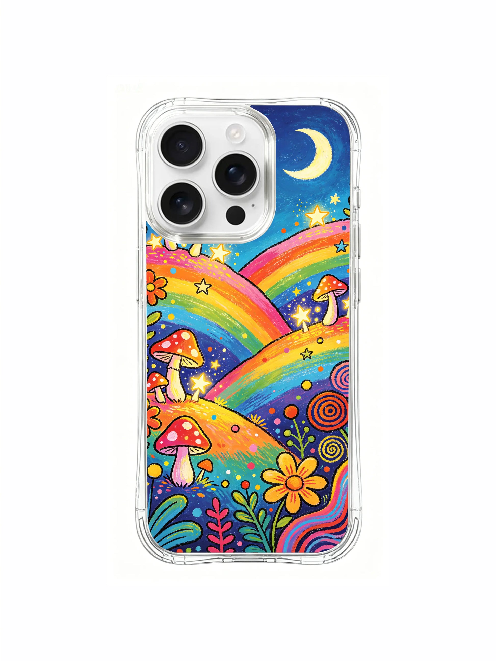 PhoneCasing iPhone 16 pro max Case, vintage folk doodle art casing showing delicate petal vines twisting along hill borders, spiral star accents spread across dark sky, tiny star picker mushroom fairyland scenery, limited-run premium art accessory casing.