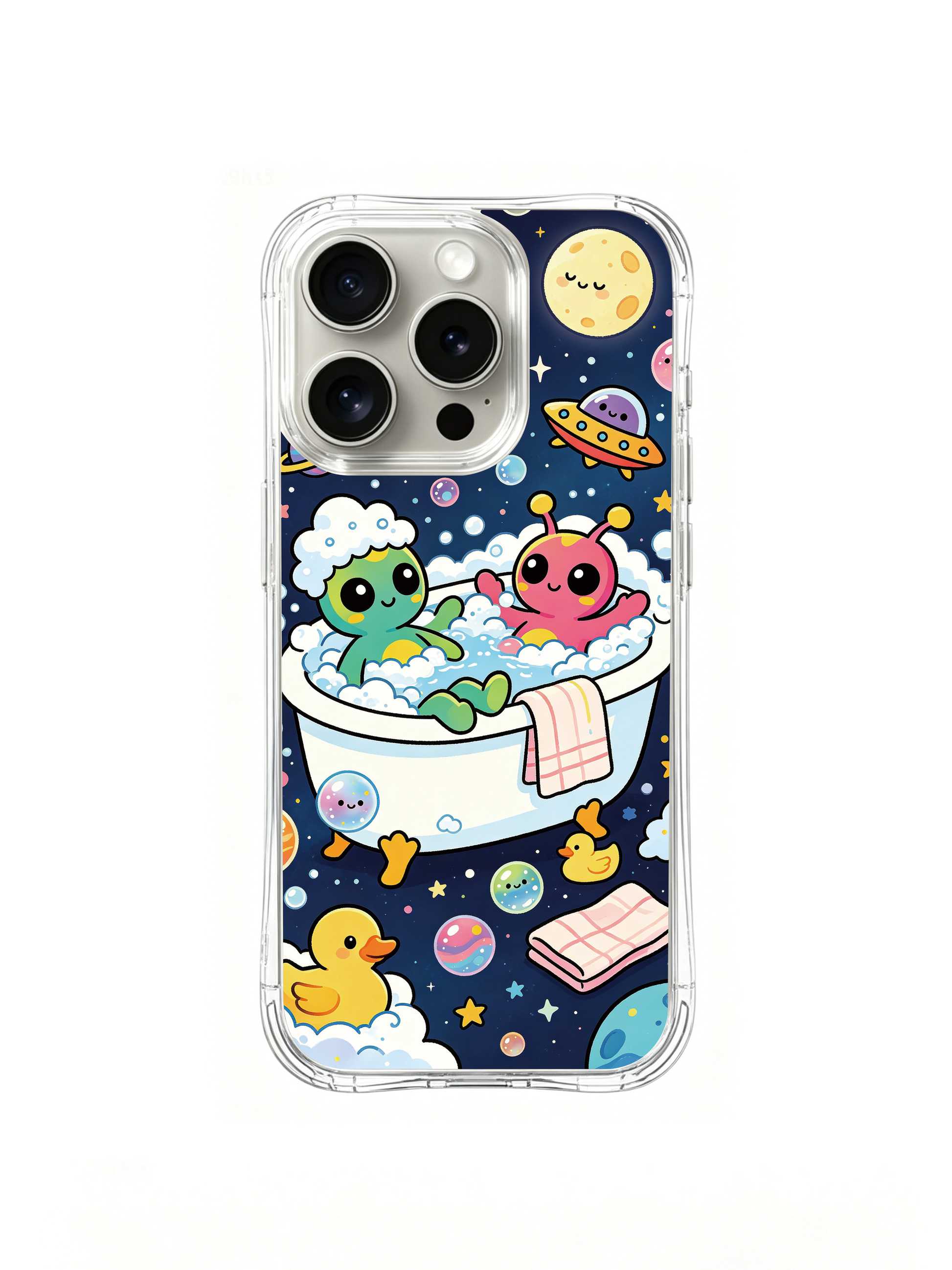 PhoneCasing iPhone 16 Pro Case with cosmic bath space character art, Milo Yun’s signature whimsical design, fade-resistant premium case.