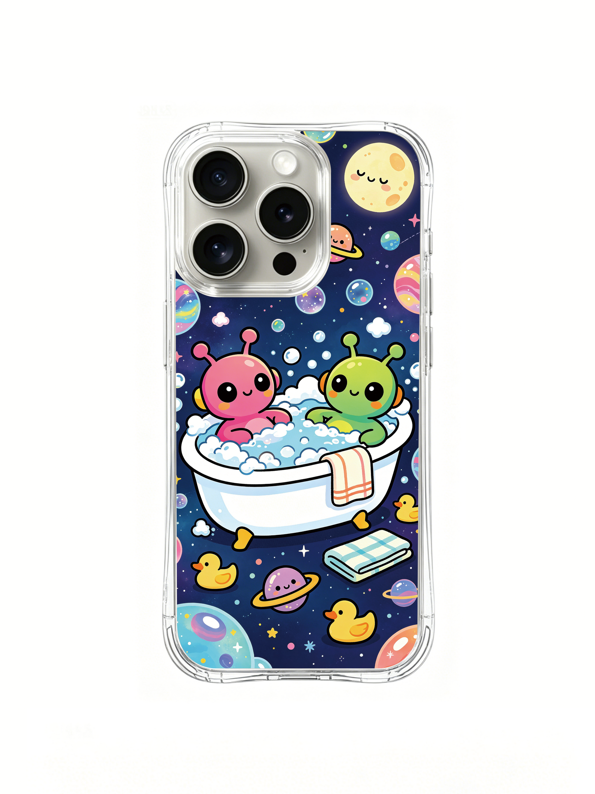 PhoneCasing iPhone 16 Pro Case with cosmic bubble and rubber duck art, Milo Yun’s Galaxy Bubble Bath series, high-quality printed casing.
