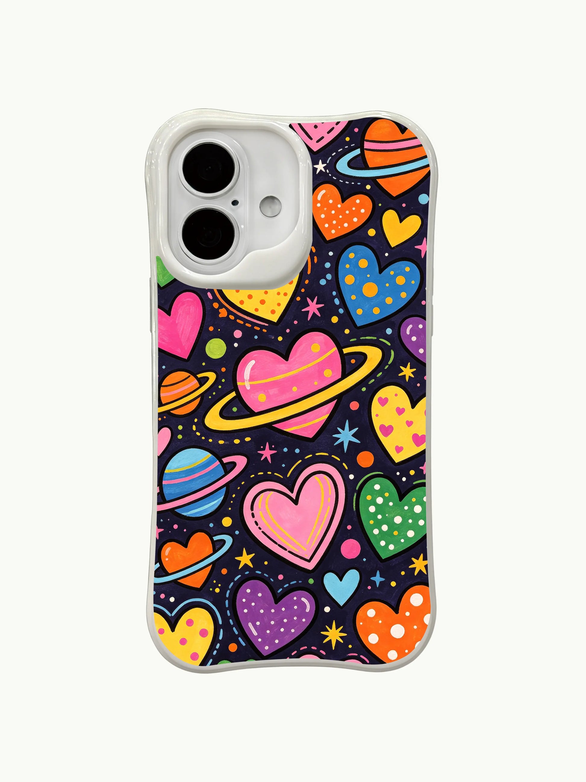 PhoneCasing Cosmic Love Hearts Case for iPhone 16 Plus, a playful iPhone 16 plus casing with neon hearts and star patterns.