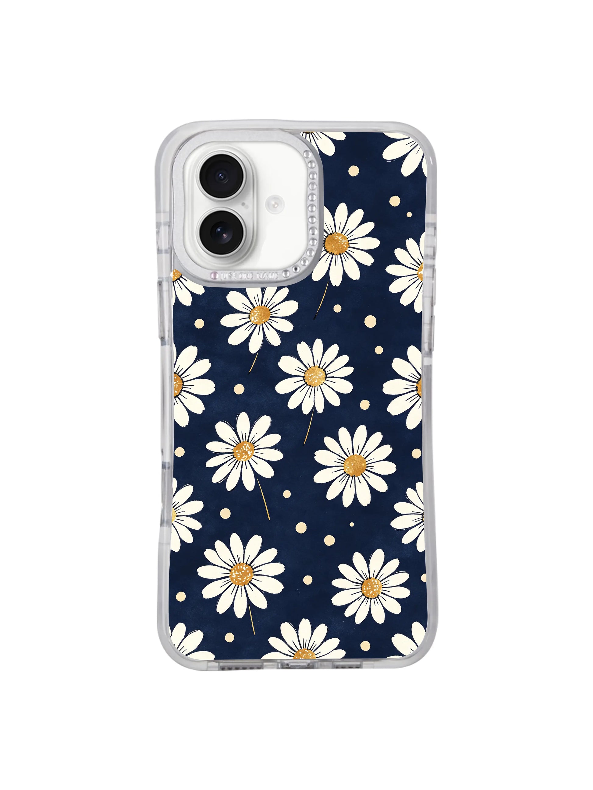 PhoneCasing soft cottagecore iPhone 17 Pro casing from the Midnight Daisy Drift artist collab, spaced floating daisy seamless print with subtle cream polka dots, precision-fit premium casing manufactured local in California.
