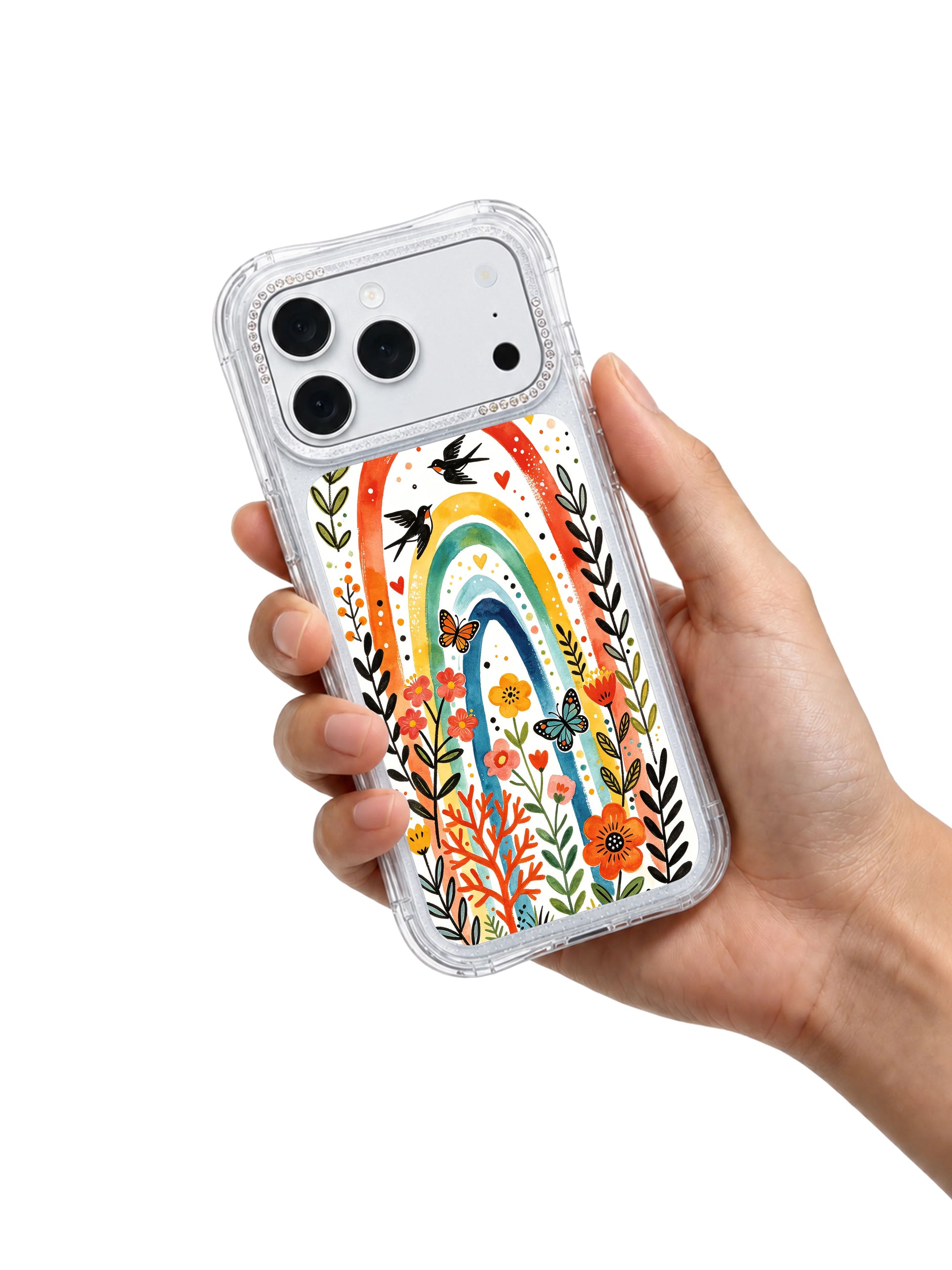 PhoneCasing bright whimsical cottagecore iphone 17 pro Max casing with saturated gradient rainbow arches, diverse pollinator butterflies and lush green foliage for playful yet empowering everyday fashion looks.