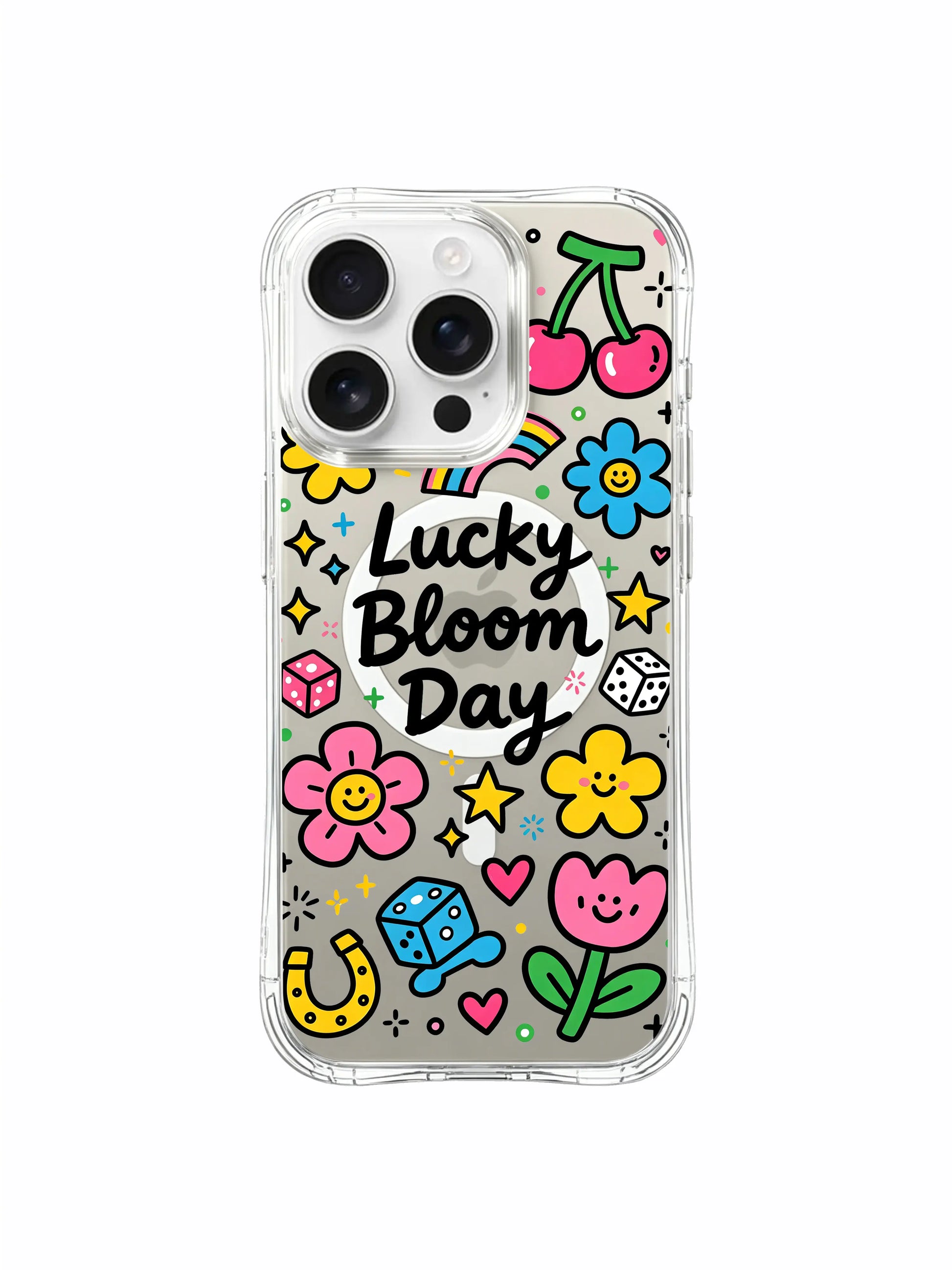 PhoneCasing iPhone 16 pro max clear case with cottagecore-style lucky stickers, featuring clovers, rainbows and smiling flowers.