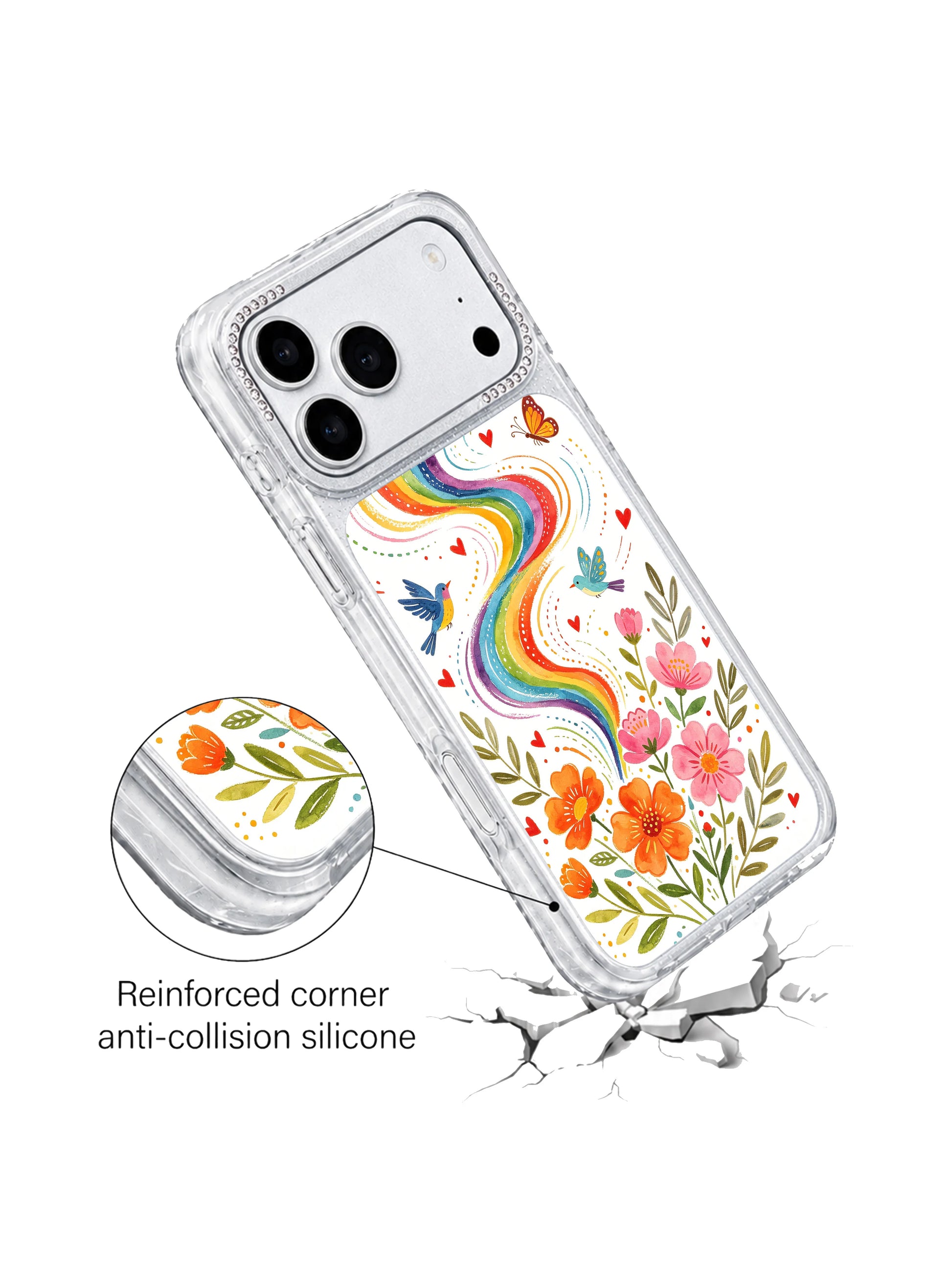 PhoneCasing bright cottagecore aesthetic iphone 17 pro Max casing with multi-hued rotating rainbow trails, diverse pollinator insects and lush foliage for playful daily fashion.