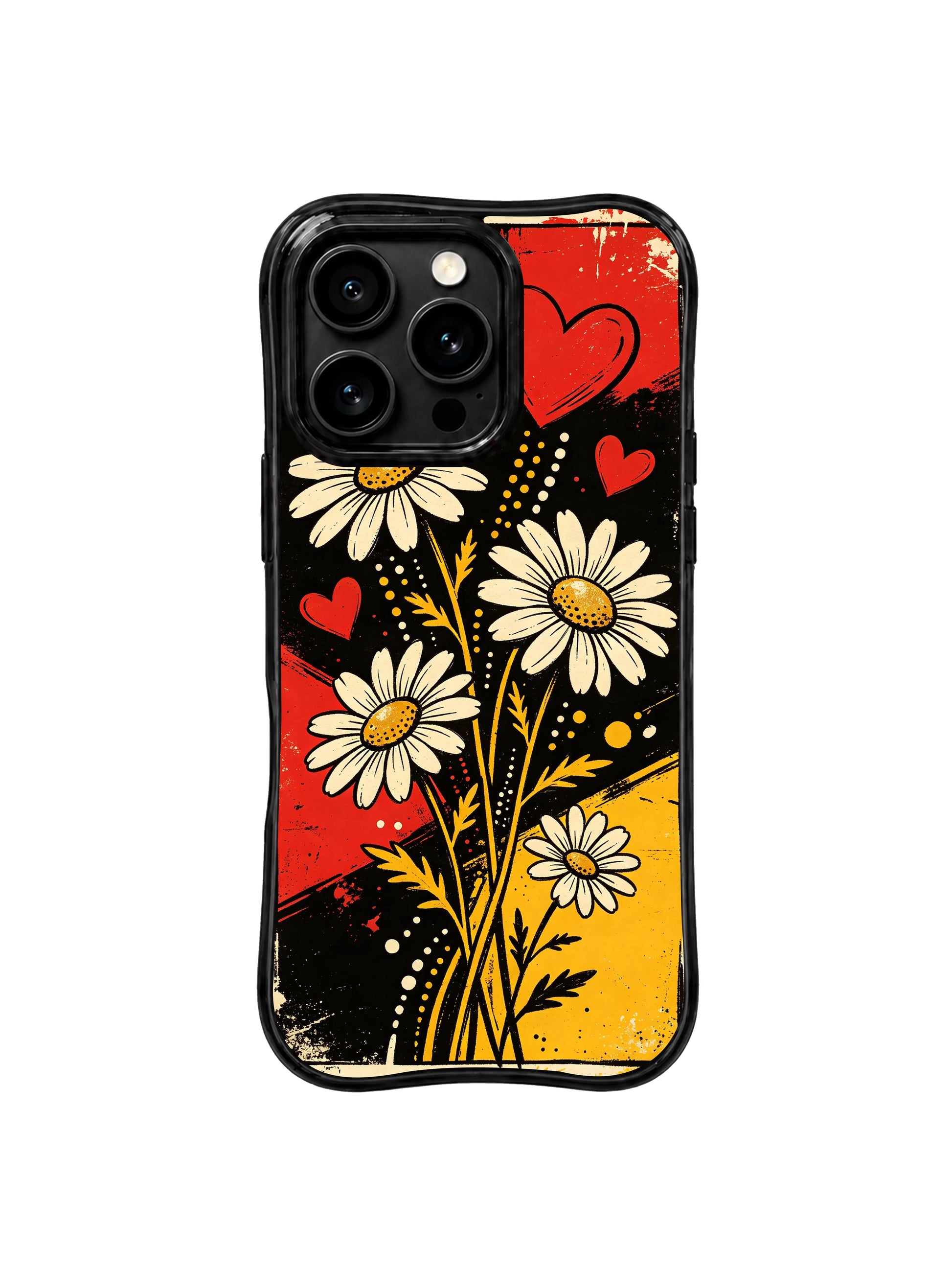PhoneCasing iPhone 16 pro Case blending raw underground punk edge and warm creamy daisy softness via red black sunflower daisy heart splatter motifs, Ruby Daze Sunflower Punk Daisies wavy design for daily street punk casual wear.
