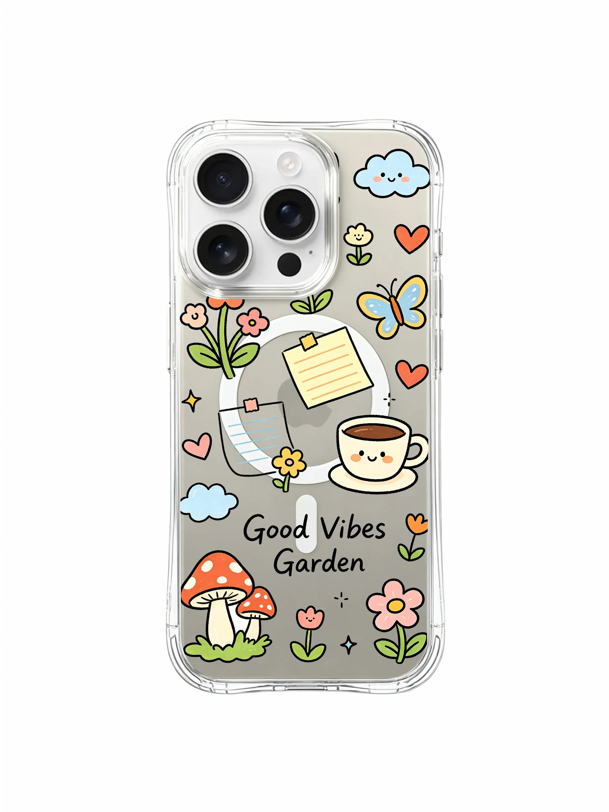 PhoneCasing iPhone 16 pro max clear case with cozy coffee cups and garden doodles, full of uplifting vibes.