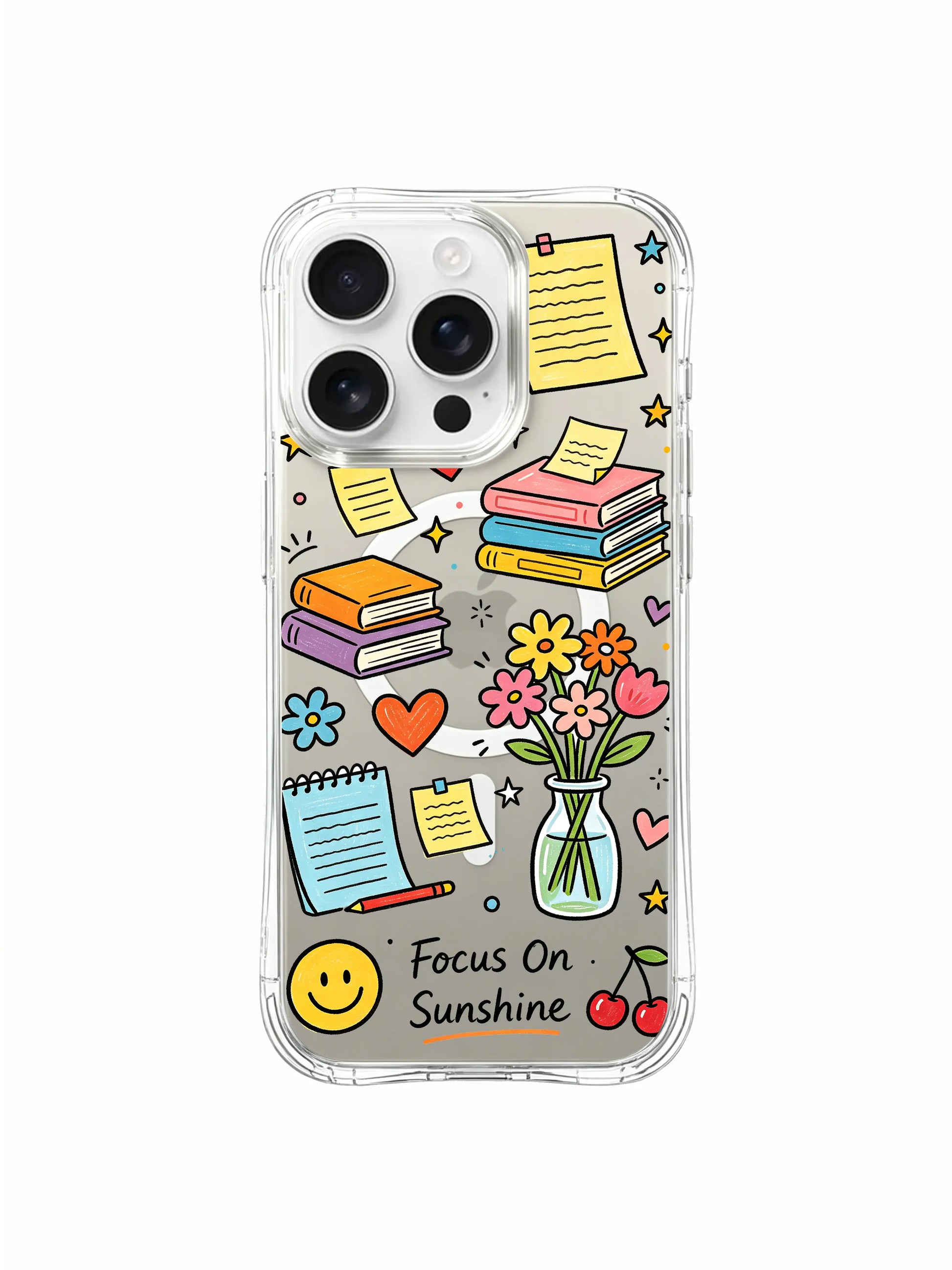 PhoneCasing iPhone 16 pro max cottagecore aesthetic case with cozy sticky notes, book stacks, flower vase and warm uplifting doodles.