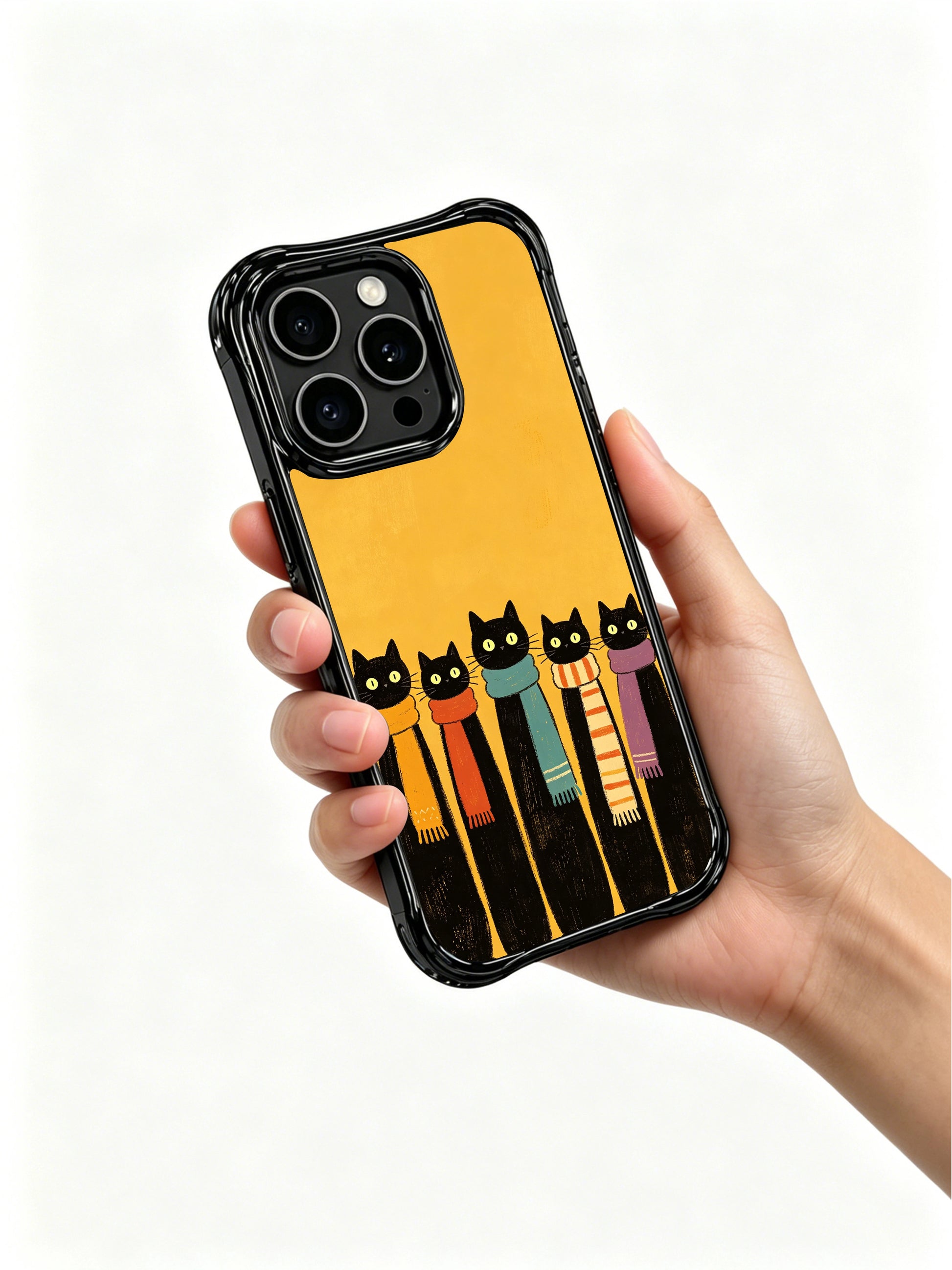 PhoneCasing iPhone 16 Pro Max featuring Cozy Scarf Cat Group by Mimi Colorfield, soft and playful black cats that feel like warm winter firelight.