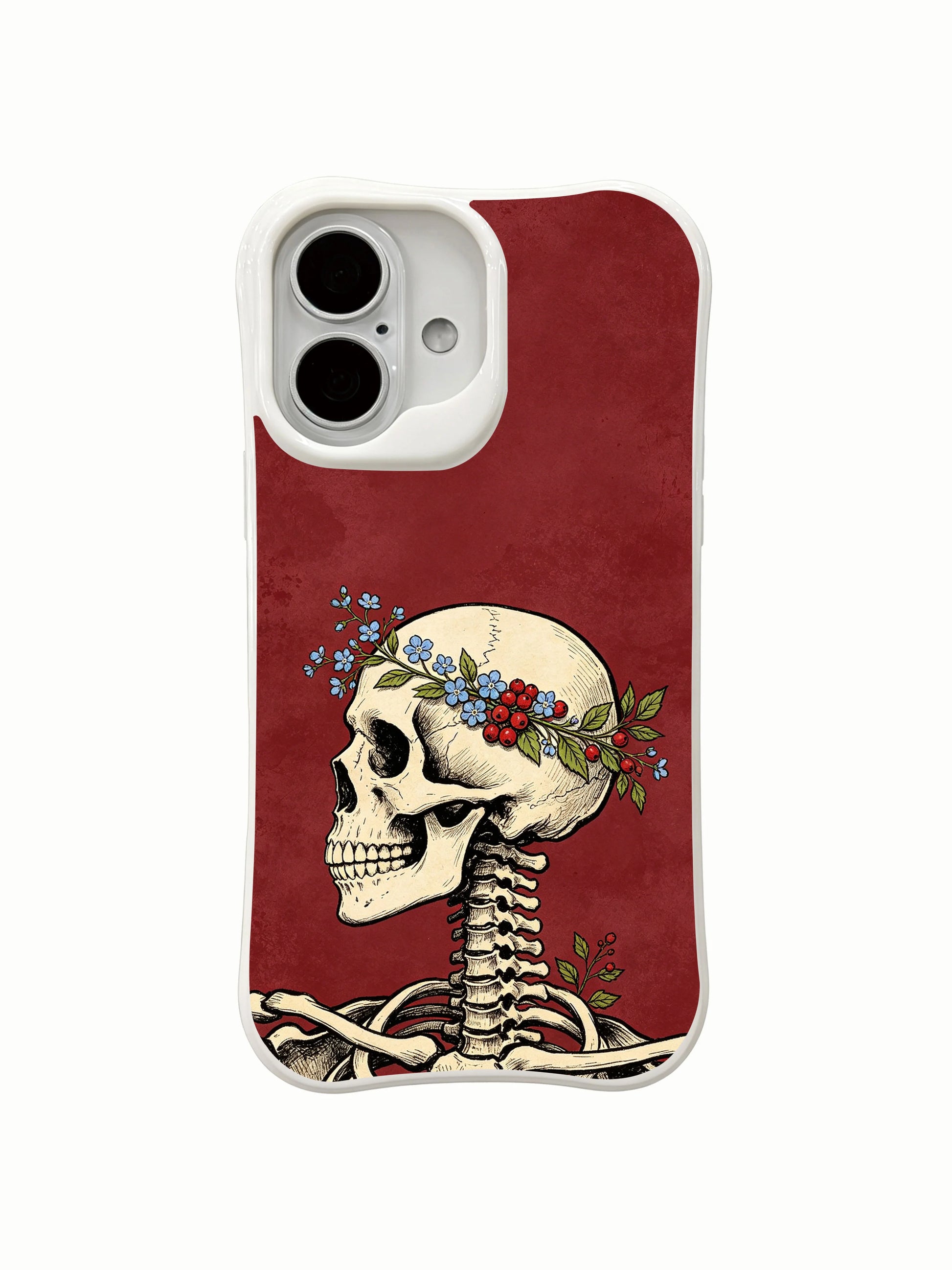 PhoneCasing Cranium Posy morbid botanical iPhone 16 Case, original Morrigan Vale art with forget-me-not crown around skeleton skull, fade proof custom printed protective iPhone 16 cover