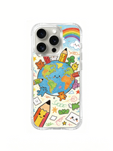 PhoneCasing iPhone 16 Pro Case with crayon earth party art, exclusive Milo Yun design, California-crafted durable phone cover.