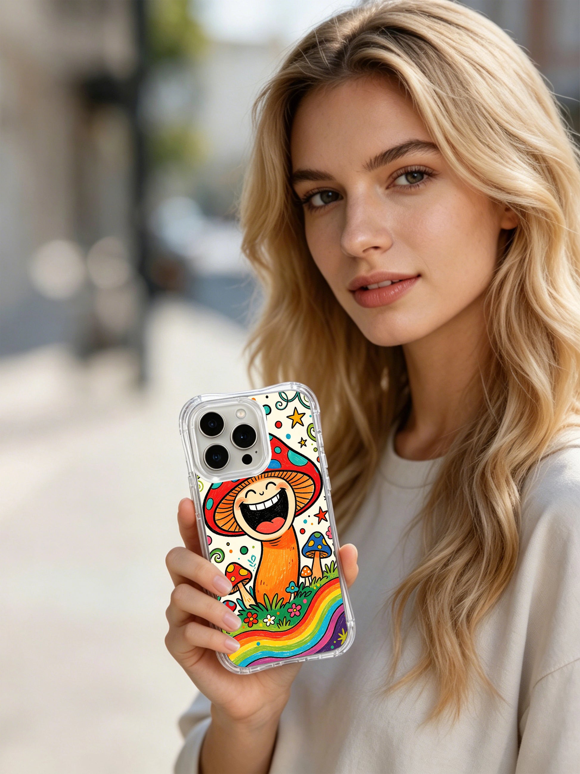 PhoneCasing iPhone 16 pro max Case, authentic crayon textured fine art casing with giggling mushroom king, original Luna Moss folk illustration limited run luxury phone casing for collectors