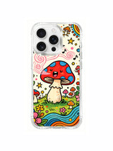 Folk-style crayon singing mushroom artwork on an iPhone 16 Pro Max case