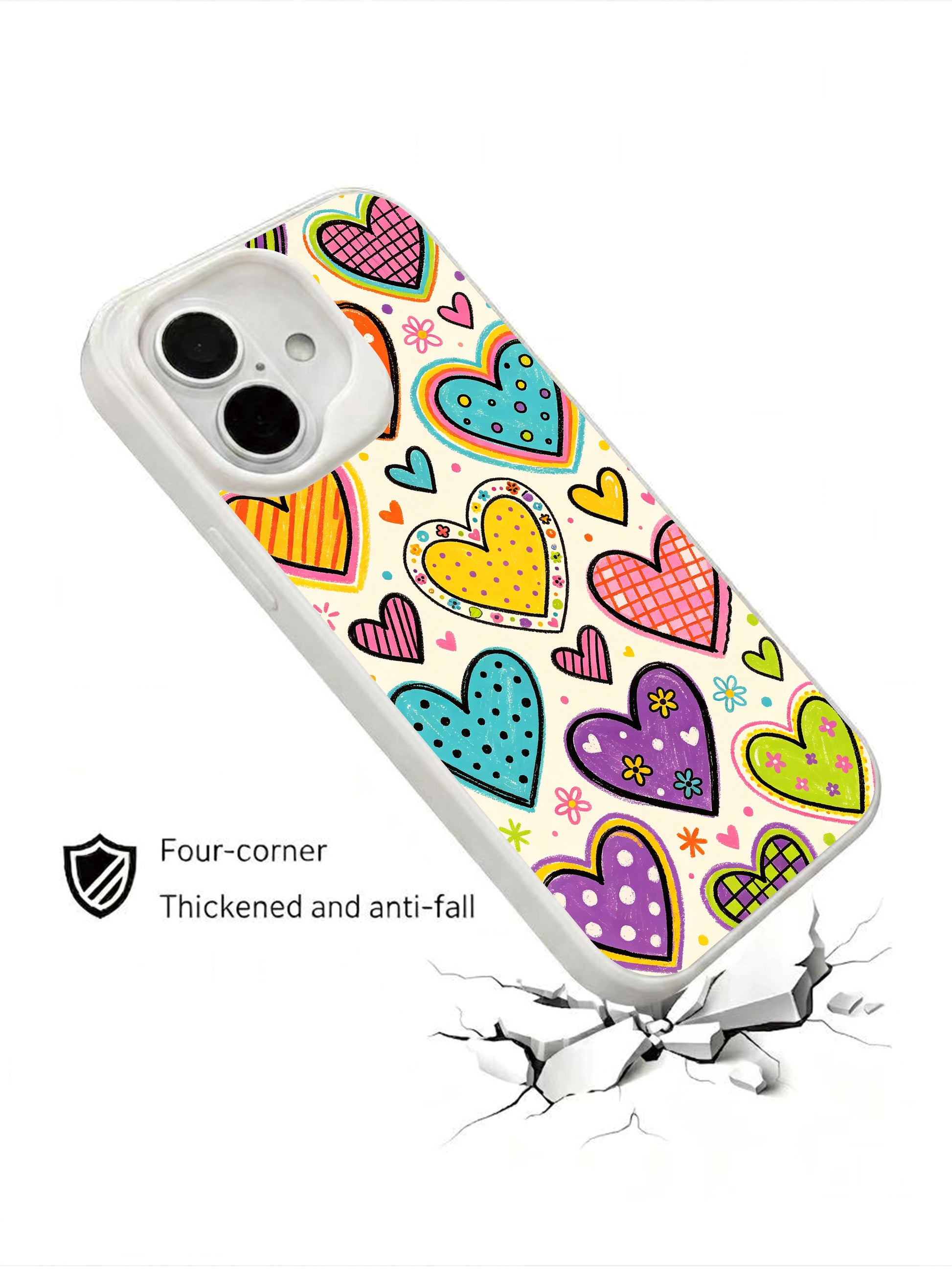 PhoneCasing cream background hearts iPhone 16 plus case, premium art cover with soft tones and vivid rainbow color palette.