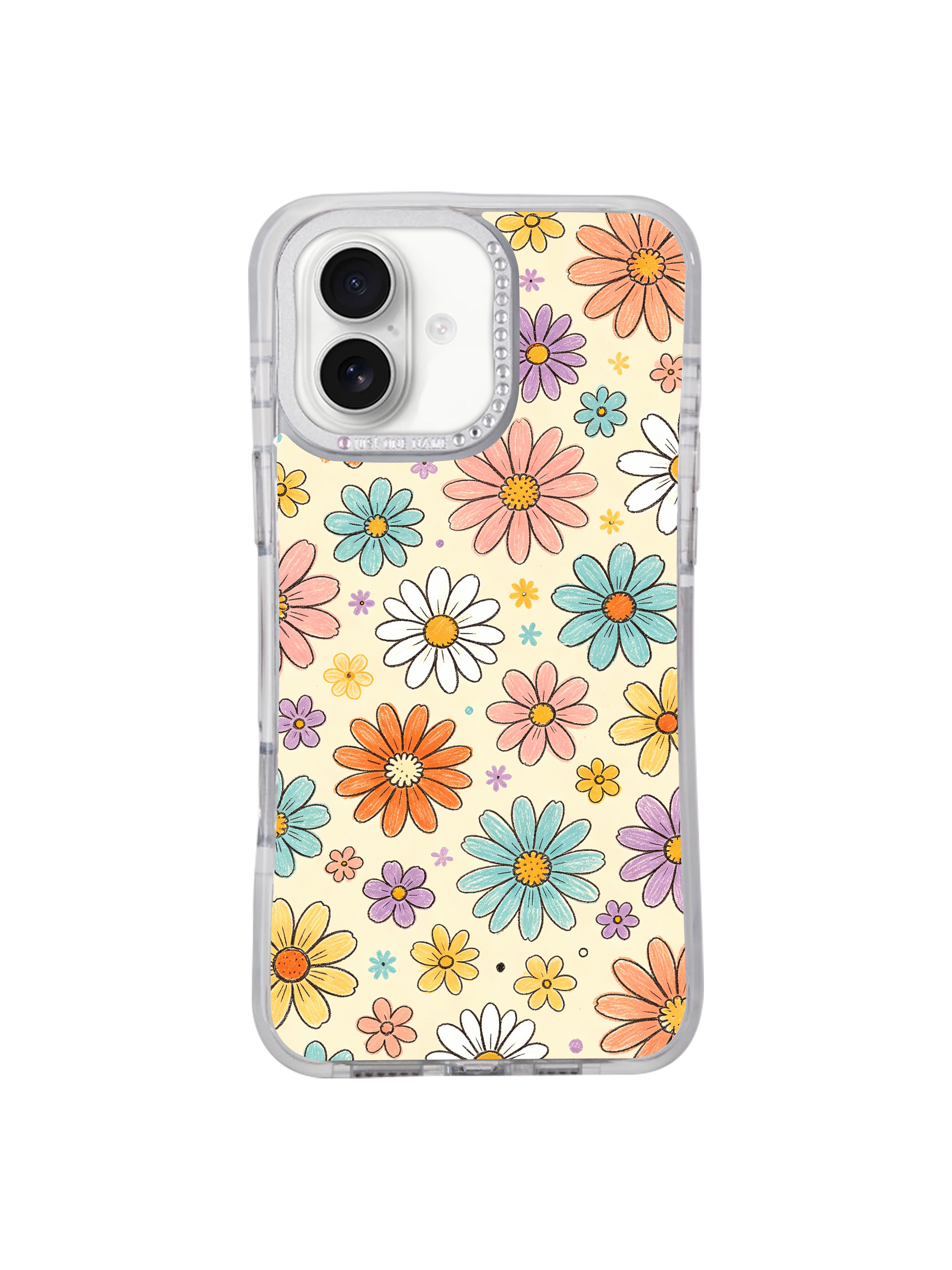 PhoneCasing exclusive Cream Color Daisy Parade iPhone 17 casing, hand-drawn pastel daisy fine art by floral artist Solea Meadow, soft cream vintage base with mixed orange pink mint purple white daisies, subtle crayon grain texture, museum-grade California print premium wearable art case for cottagecore coquette women.