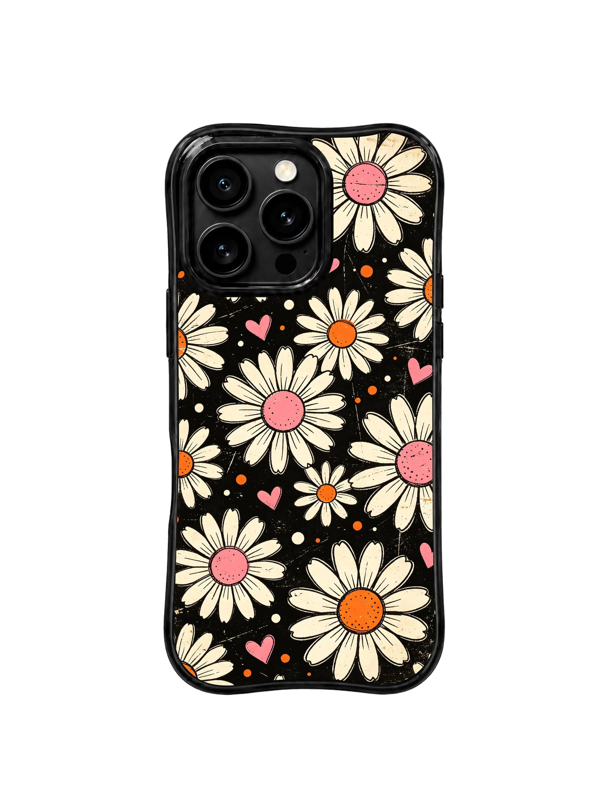 PhoneCasing iPhone 16 pro Case featuring deep textured matte black vintage print grain backdrop layered freely blooming cream block-print daisies and tiny pink orange heart speckles from Ruby Daze Cream Daisy Love Noise, wavy black frame premium art casing for iPhone 16 pro.
