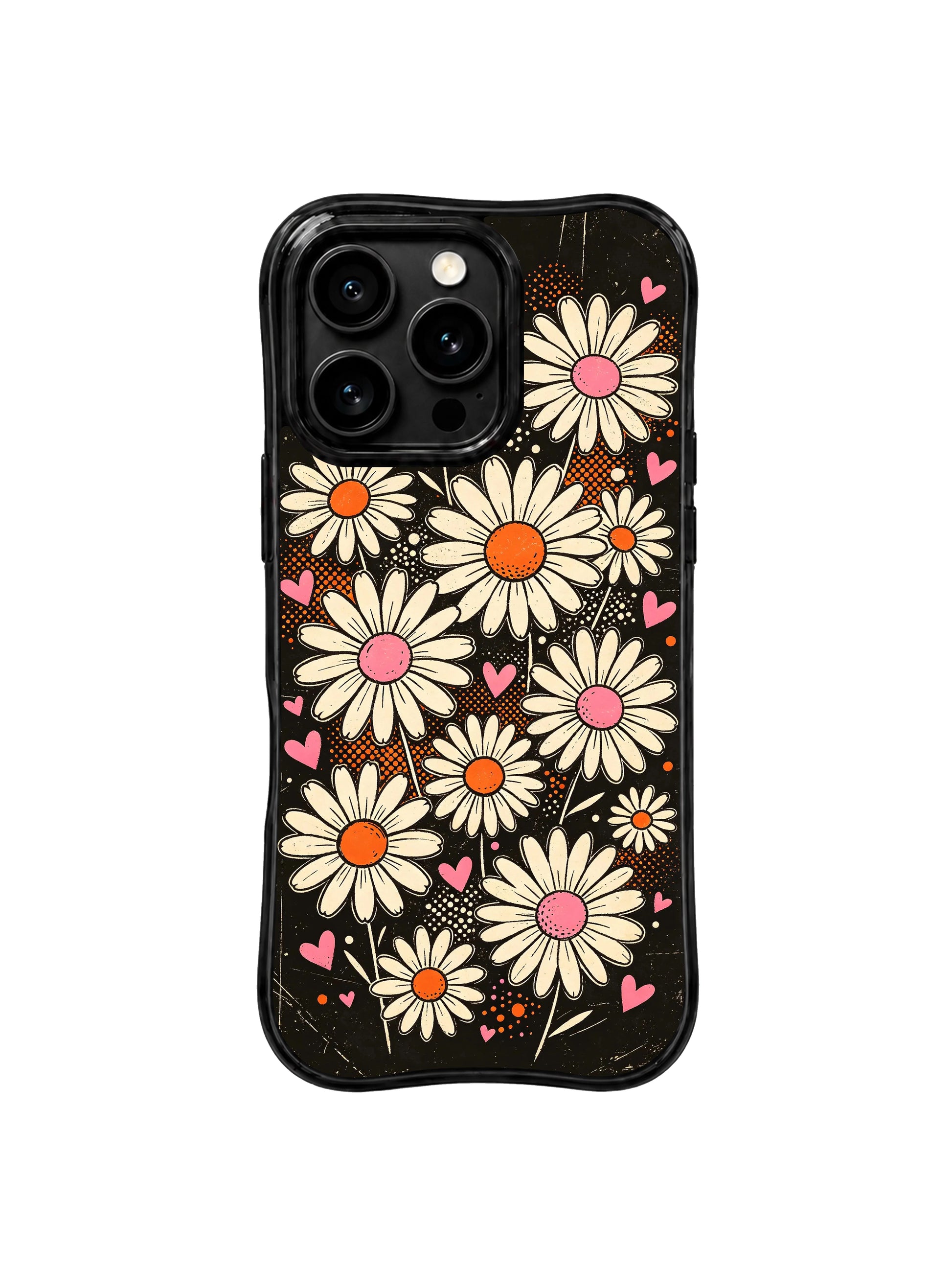PhoneCasing iPhone 16 pro Case with faint worn scratch grain and uneven faded distressing as subtle vintage poster texture details, exclusive Ruby Daze wearable wavy black frame soft floral sketch art.