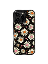 PhoneCasing iPhone 16 pro Case with full-coverage balanced textured grain black layout freely scattered cream daisy pink heart orange dot design delivering gentle cozy retro mood without overly childish sweetness, Ruby Daze soft quiet joy design, slim lightweight wavy premium case.