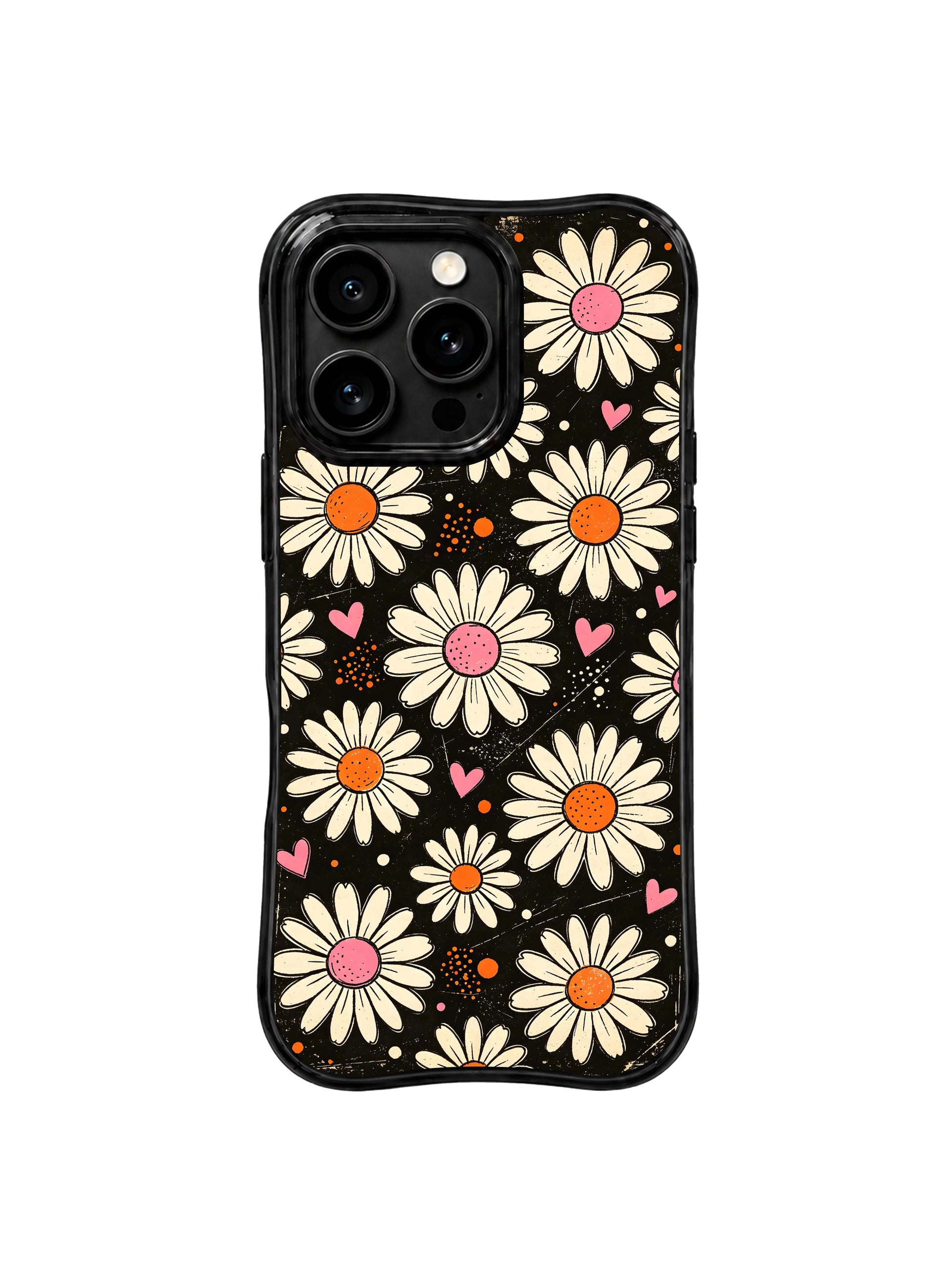 PhoneCasing iPhone 16 pro Case with imperfect organic rough block-print outlines for vintage cream daisy petals adding gritty old-print retro counterbalance to soft heart-dot sweetness, Ruby Daze handmade warm grunge pop art, gallery grade wavy print casing.