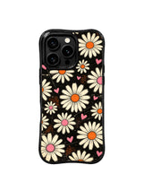 PhoneCasing iPhone 16 pro Case with organic uneven faded scratch vintage poster grain texture covering dark canvas, paired with freely scattered cream daisies and mini blush pink hearts, Ruby Daze warm retro floral illustration, tough premium phone casing.