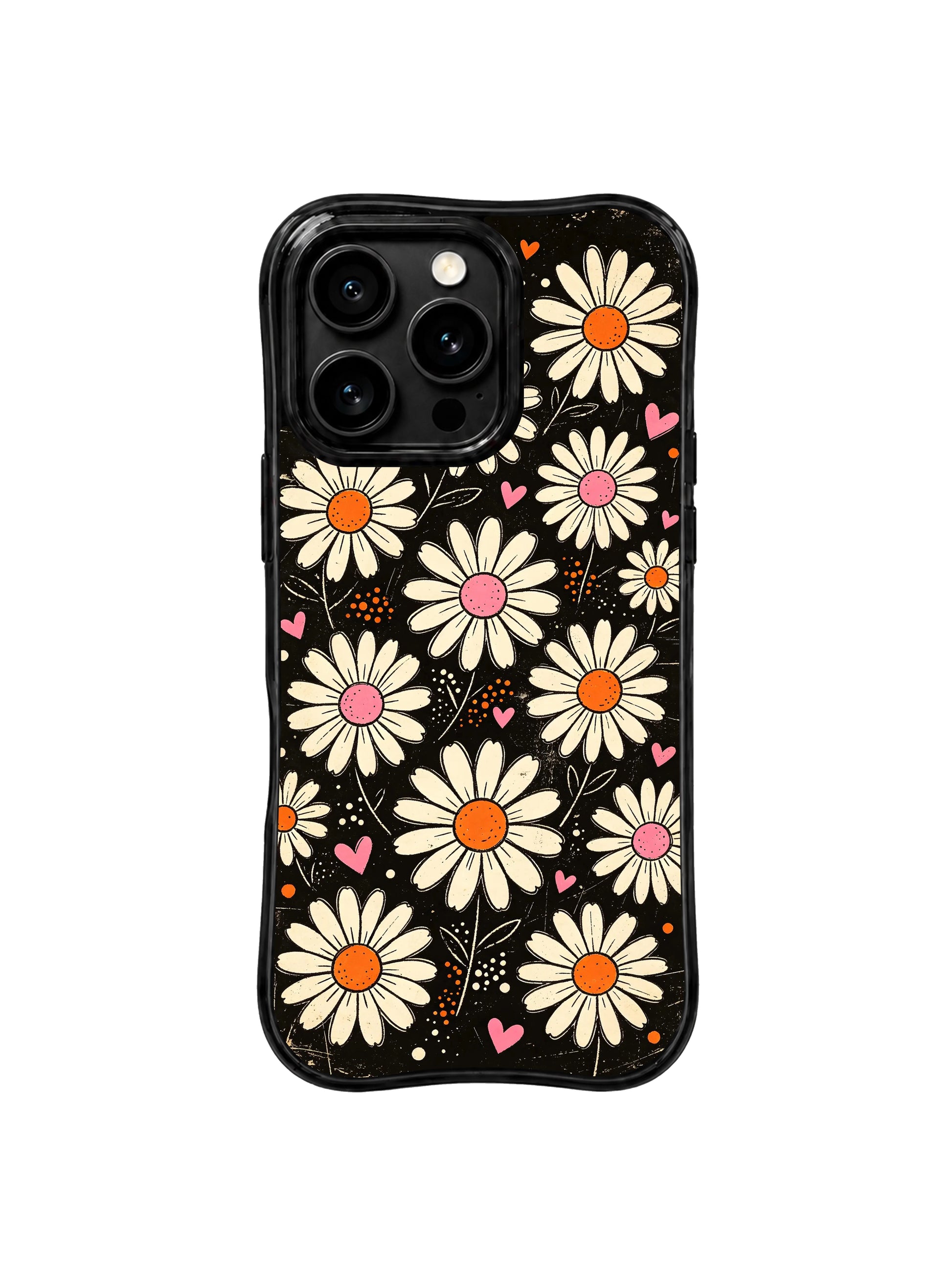 PhoneCasing iPhone 16 pro Case themed on soft gentle affection, light casual cheer and steady tiny daily happiness with grain black cream daisy heart dot graphics, Ruby Daze Daisy Love Riot printed wavy art casing.
