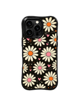 PhoneCasing iPhone 16 pro Case with soft miniature pink heart silhouettes and cheerful orange dot speckles adding light joyful warmth to textured grain matte black backdrop, Ruby Daze gentle tender pop floral art, scratch resistant wavy casing.