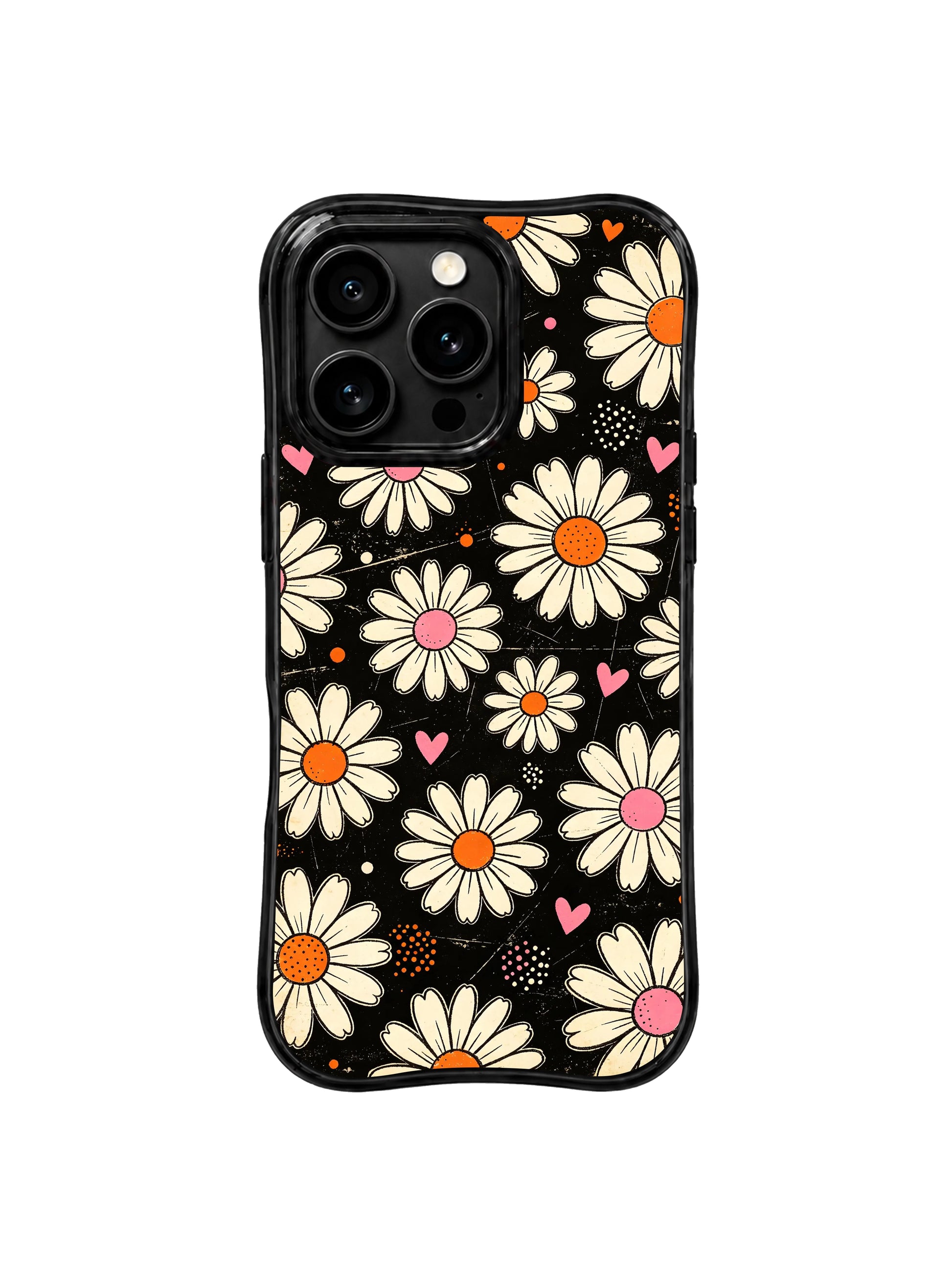 PhoneCasing iPhone 16 pro Case with scattered miniature pink heart silhouettes and orange speckle dots floating between freely blooming cream daisies on grain black backdrop, cozy playful Ruby Daze Cream Daisy Love Noise soft floral design, stylish women’s phone casing.